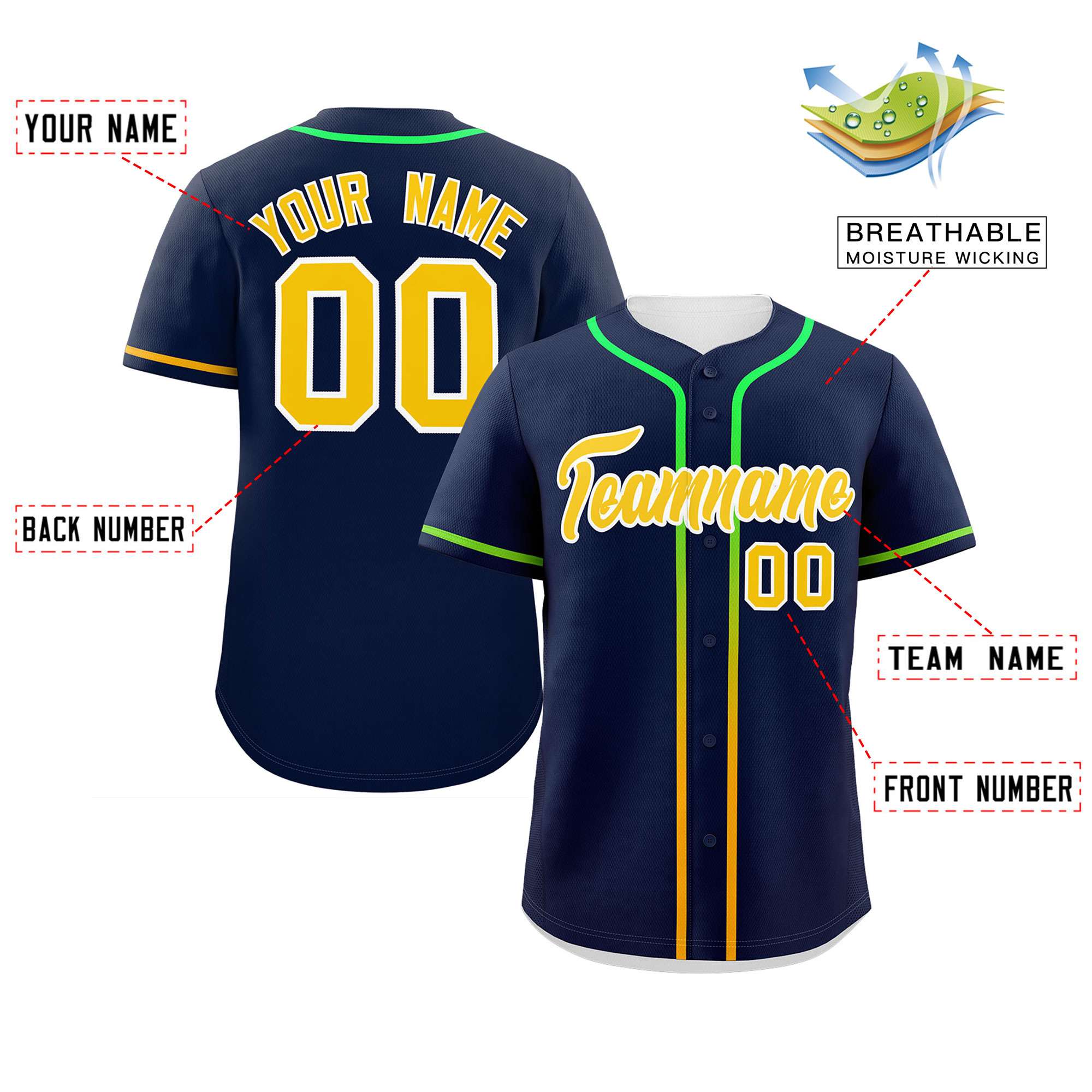 Custom Navy Gold Personalized Gradient Ribbed Design Authentic Baseball Jersey