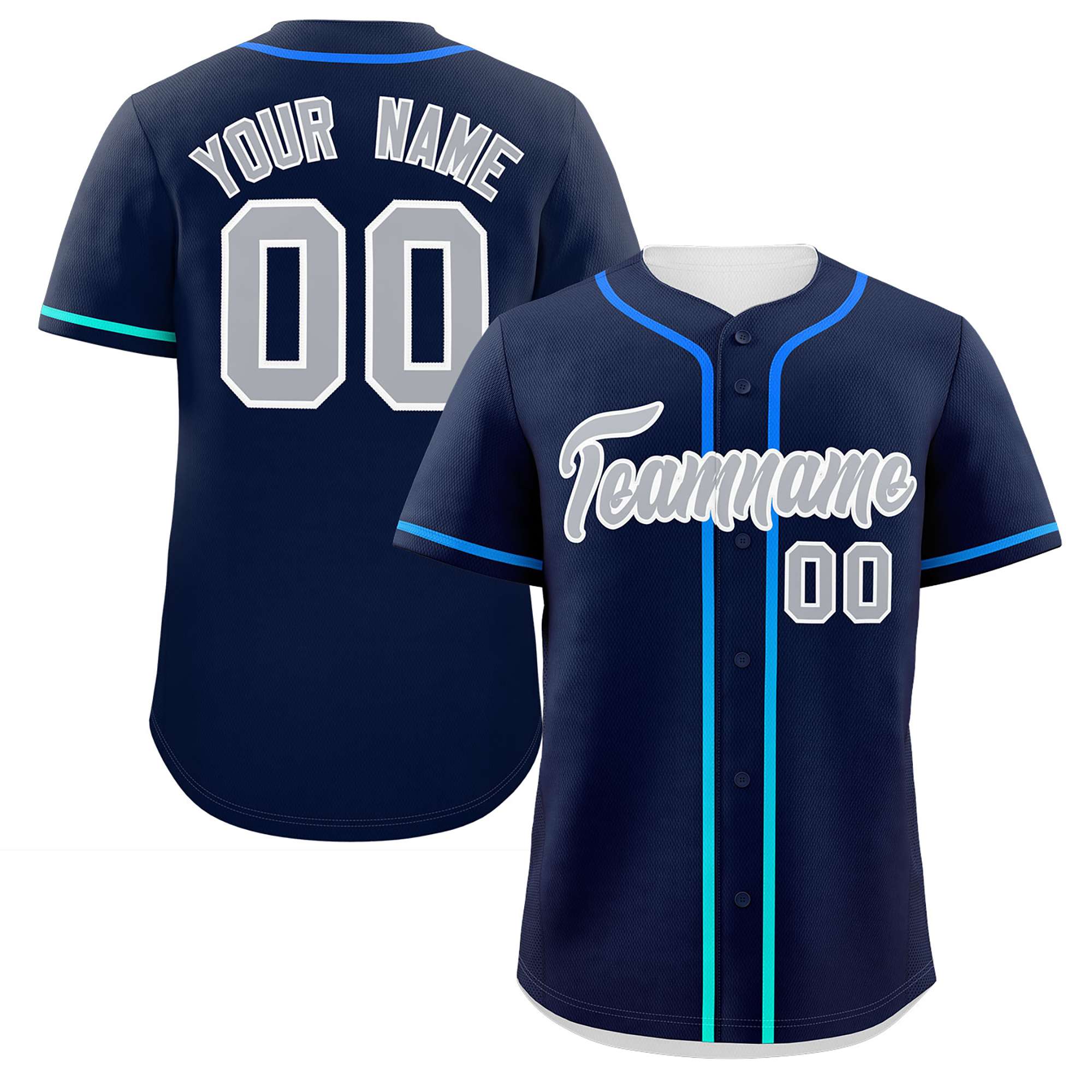 Custom Navy Light Gray Personalized Gradient Ribbed Design Authentic Baseball Jersey