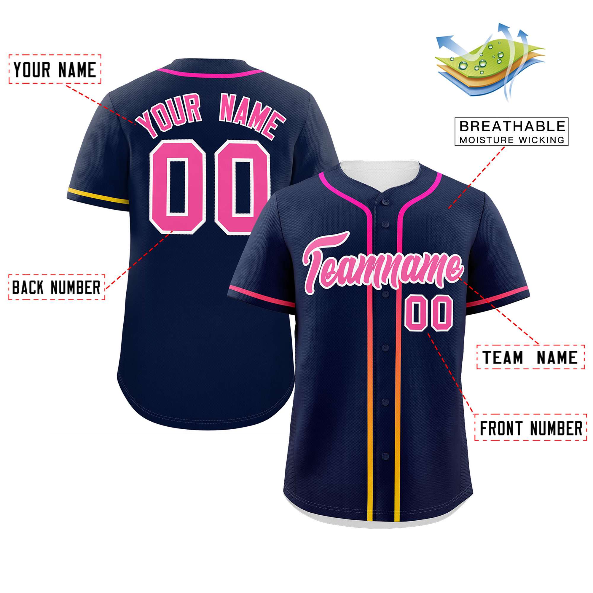 Custom Navy Pink Personalized Gradient Ribbed Design Authentic Baseball Jersey