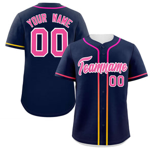 Custom Navy Pink Personalized Gradient Ribbed Design Authentic Baseball Jersey