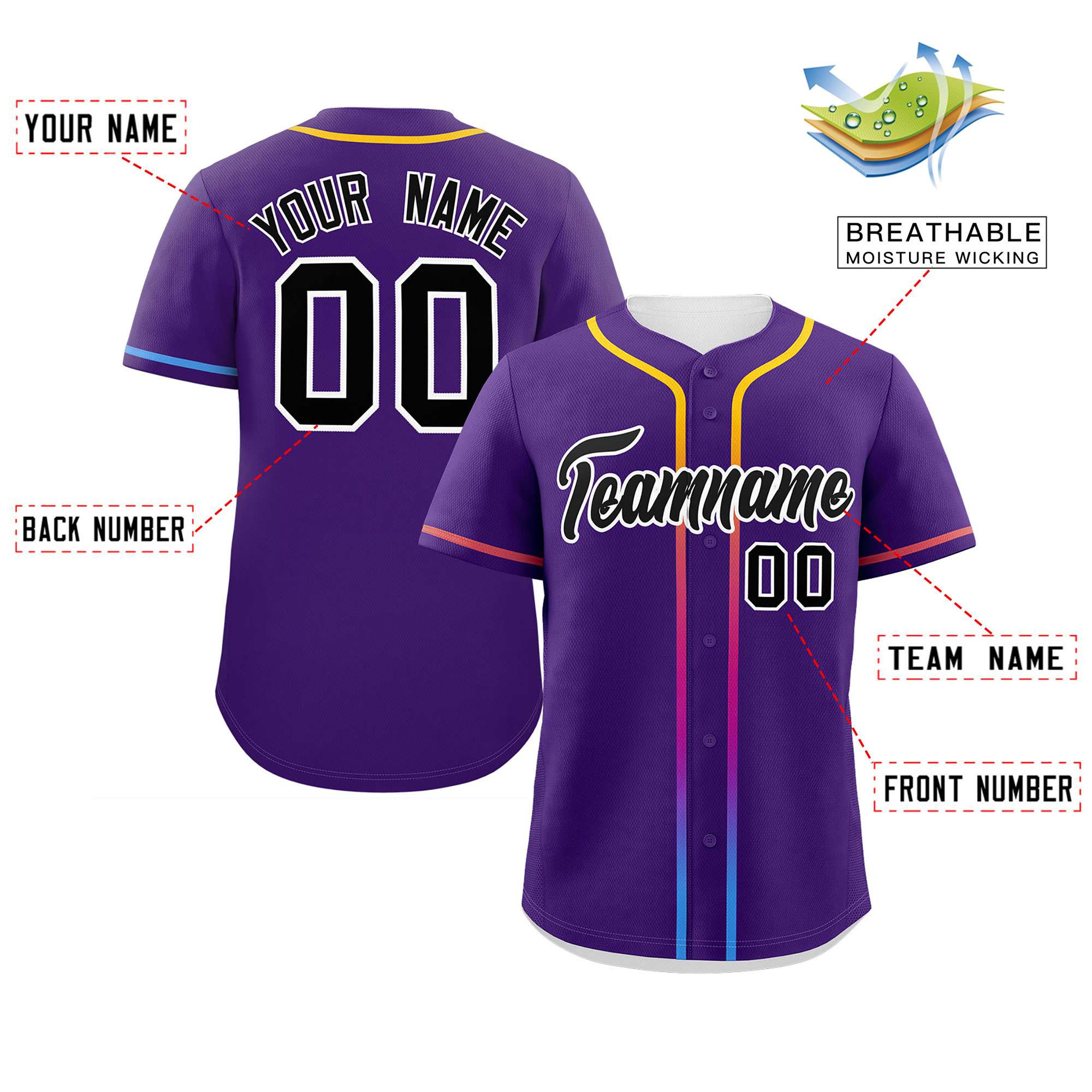 Custom Purple Black Personalized Gradient Ribbed Design Authentic Baseball Jersey