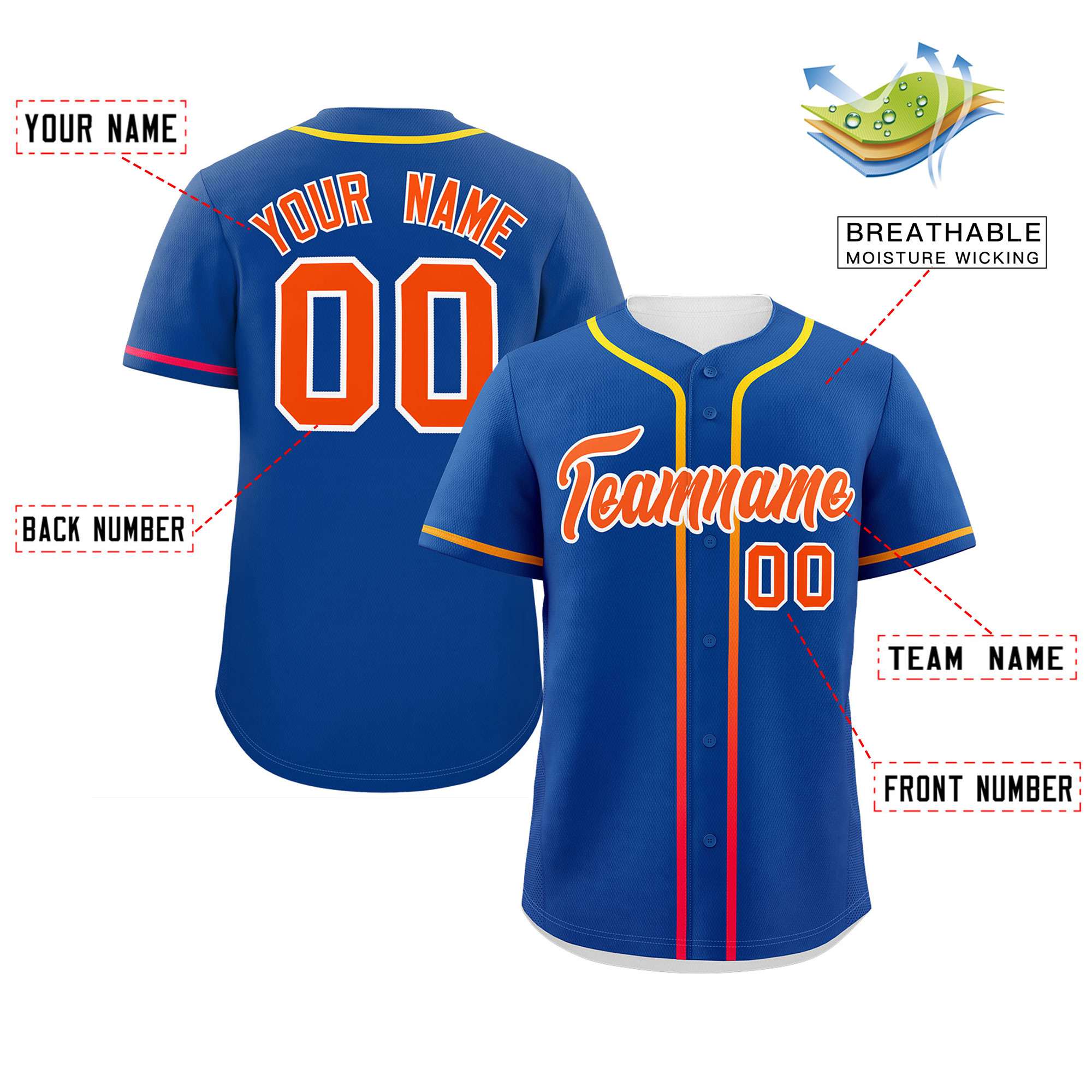 Custom Royal Orange Personalized Gradient Ribbed Design Authentic Baseball Jersey