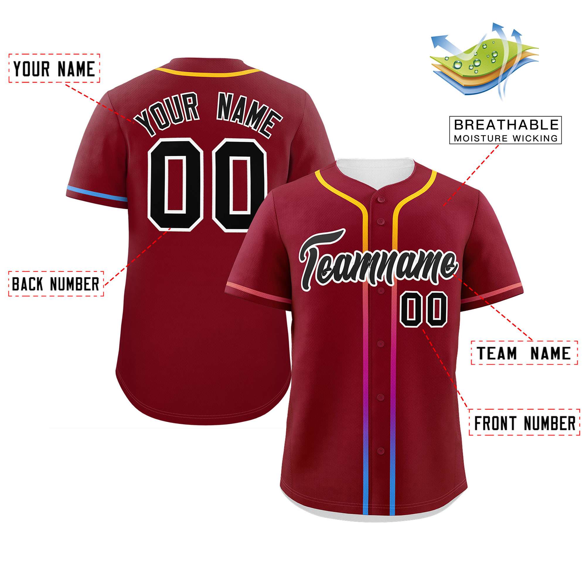 Custom Crimson Black Personalized Gradient Ribbed Design Authentic Baseball Jersey