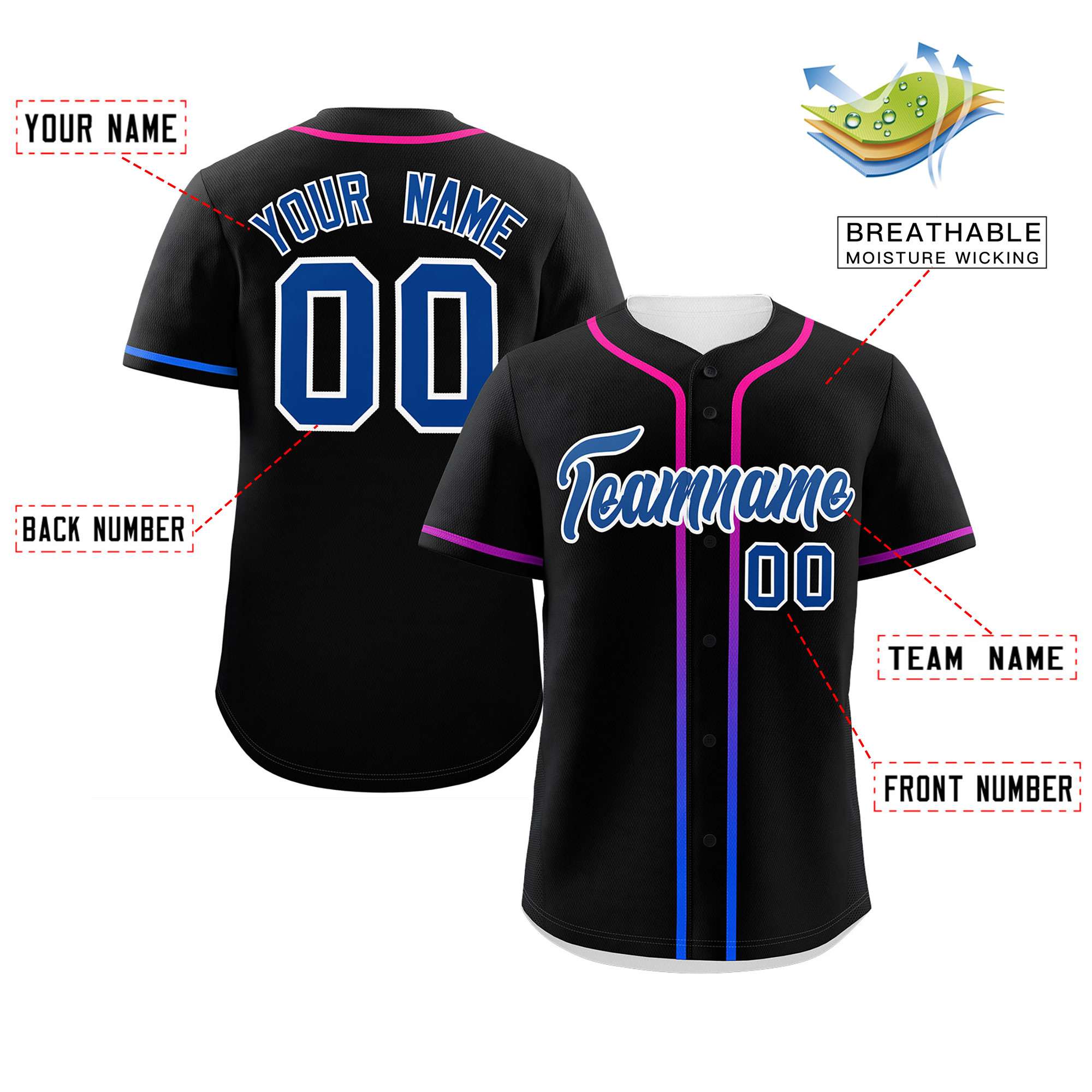 Custom Black Royal Personalized Gradient Ribbed Design Authentic Baseball Jersey