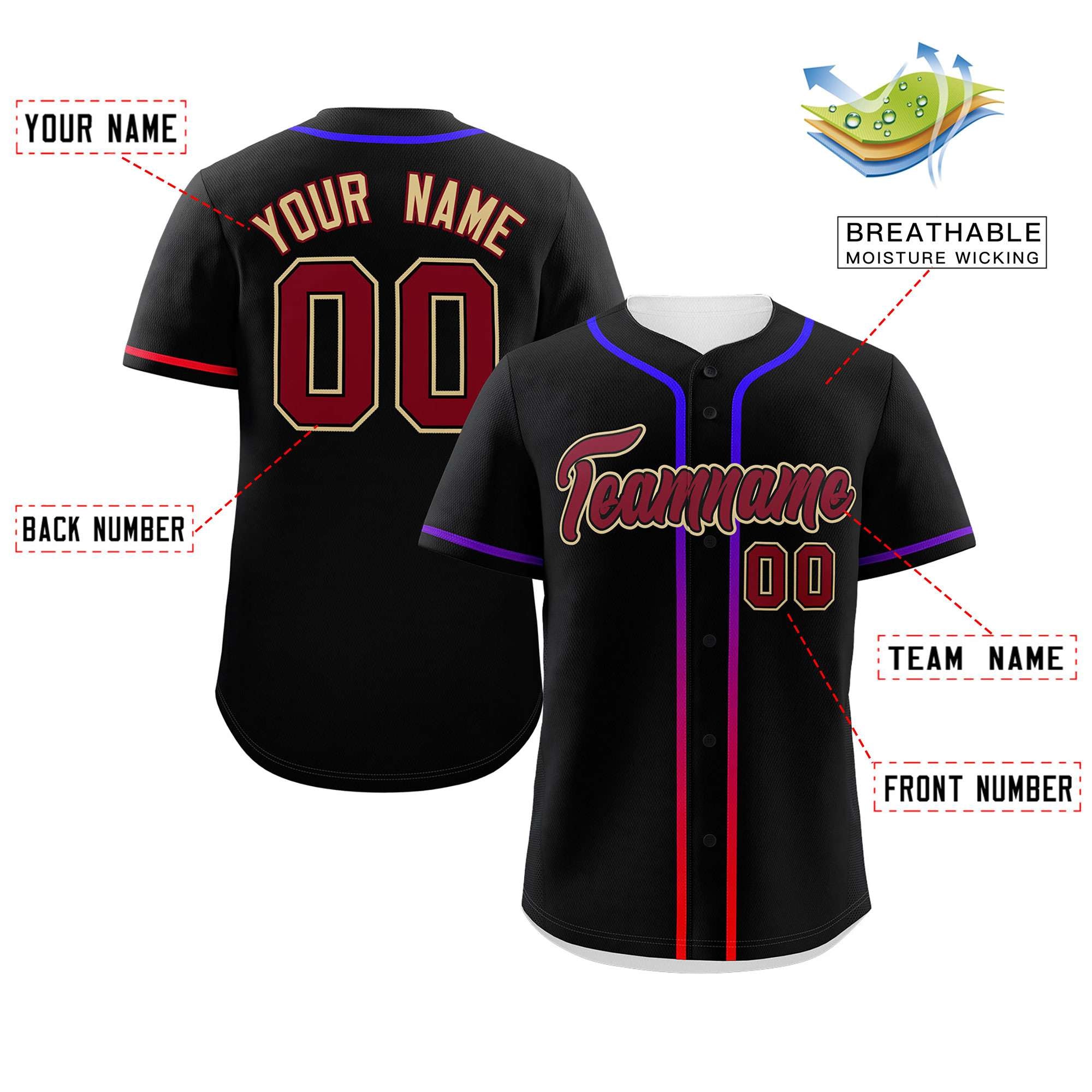 Custom Black Crimson Personalized Gradient Ribbed Design Authentic Baseball Jersey