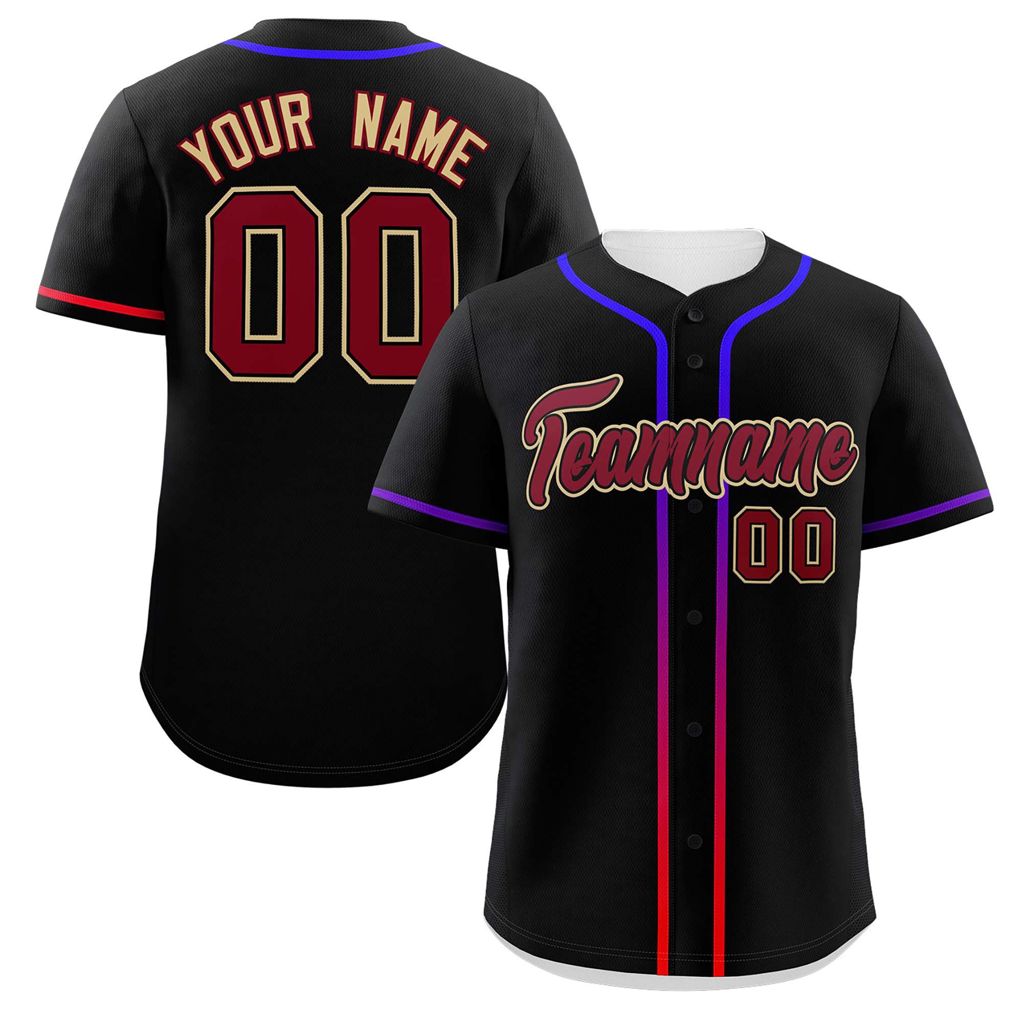 Custom Black Crimson Personalized Gradient Ribbed Design Authentic Baseball Jersey