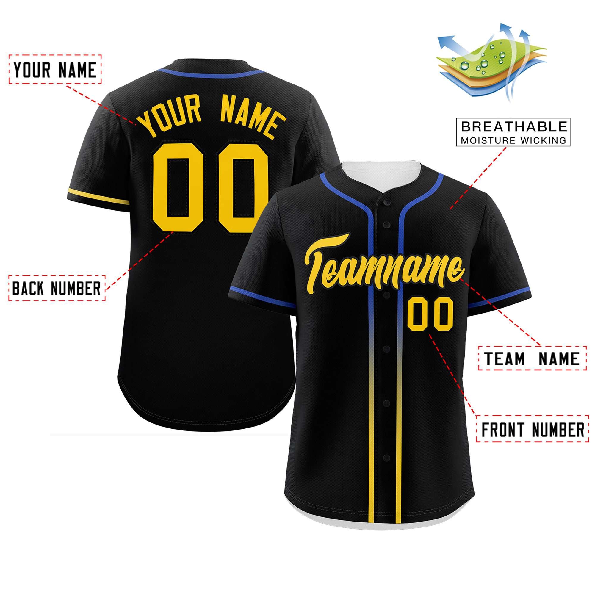 Custom Black Gold Personalized Gradient Ribbed Design Authentic Baseball Jersey