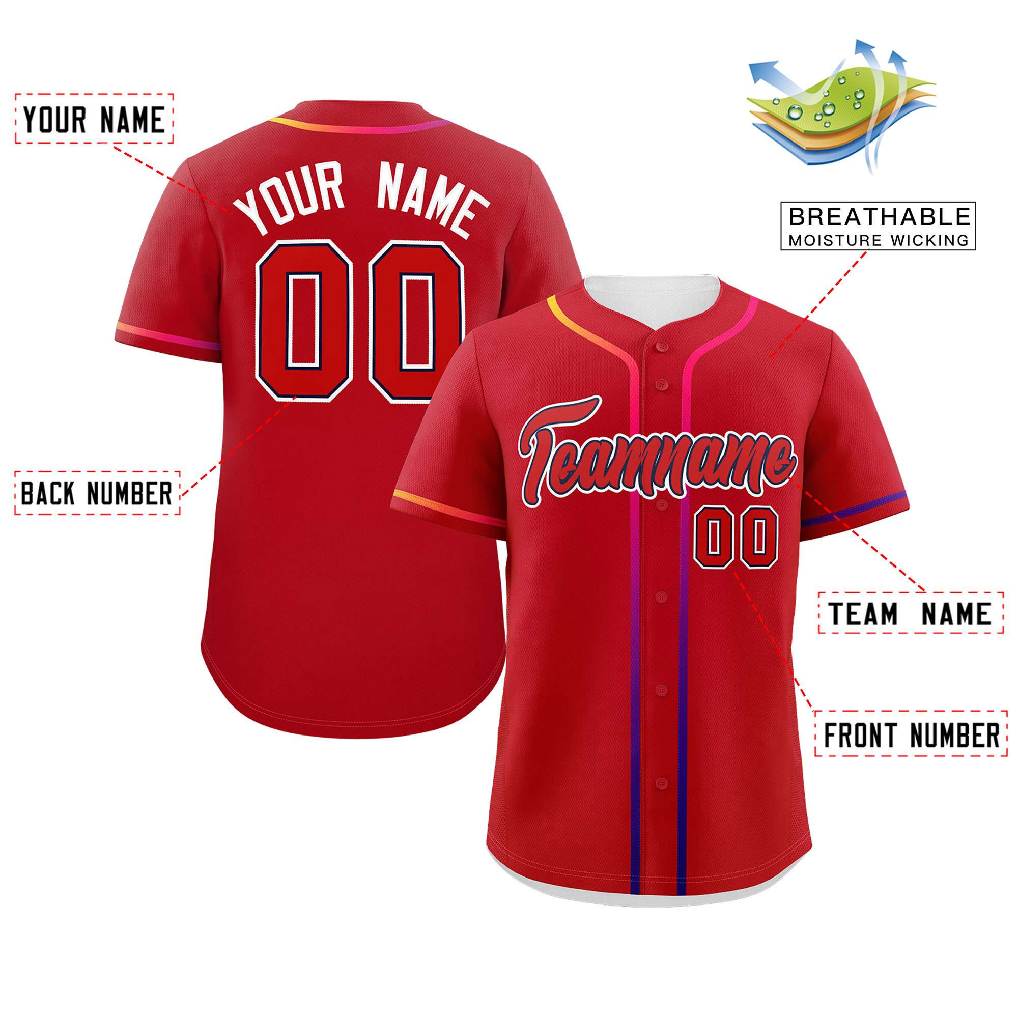 Custom Red White Personalized Gradient Ribbed Design Authentic Baseball Jersey