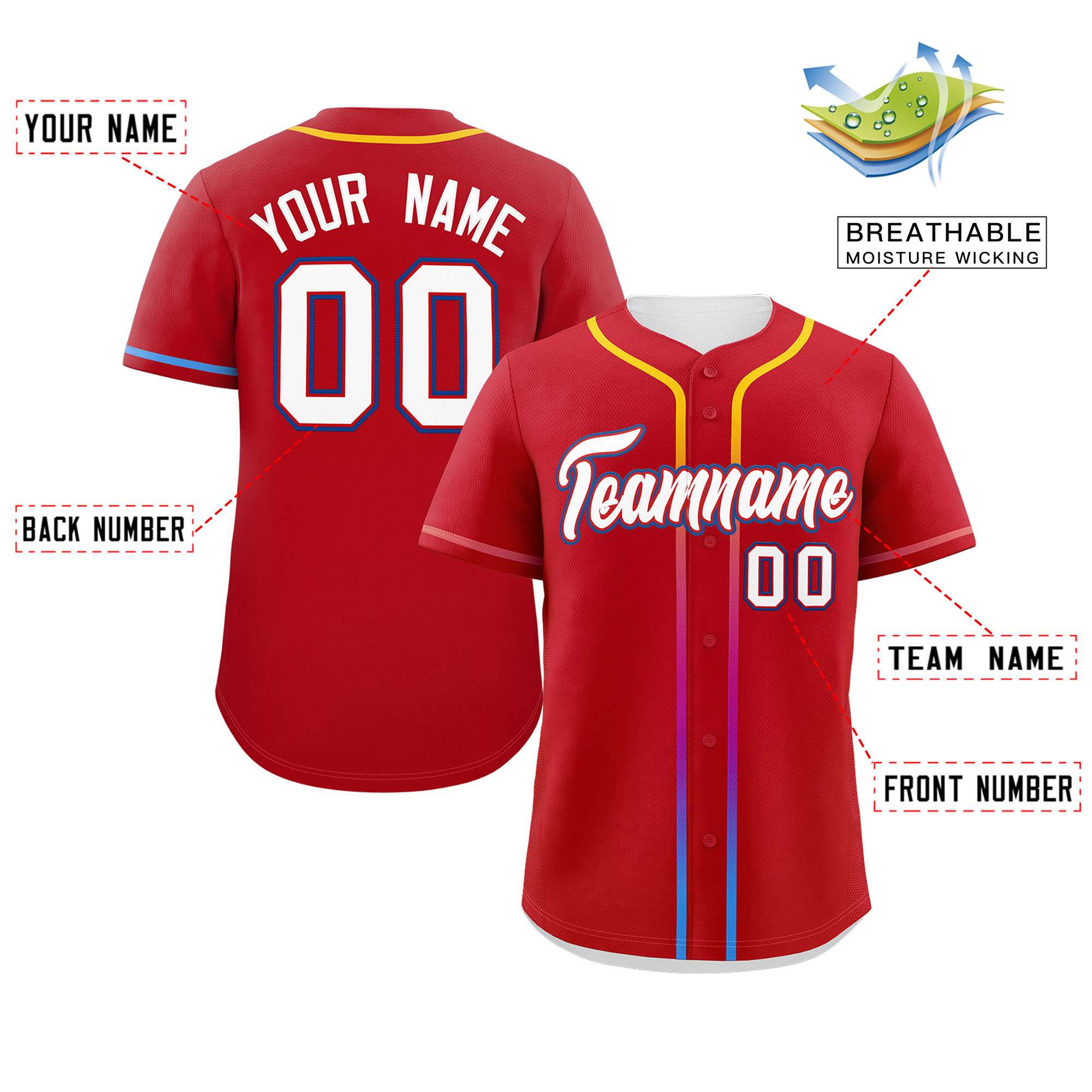 Custom Red White Personalized Gradient Ribbed Design Authentic Baseball Jersey