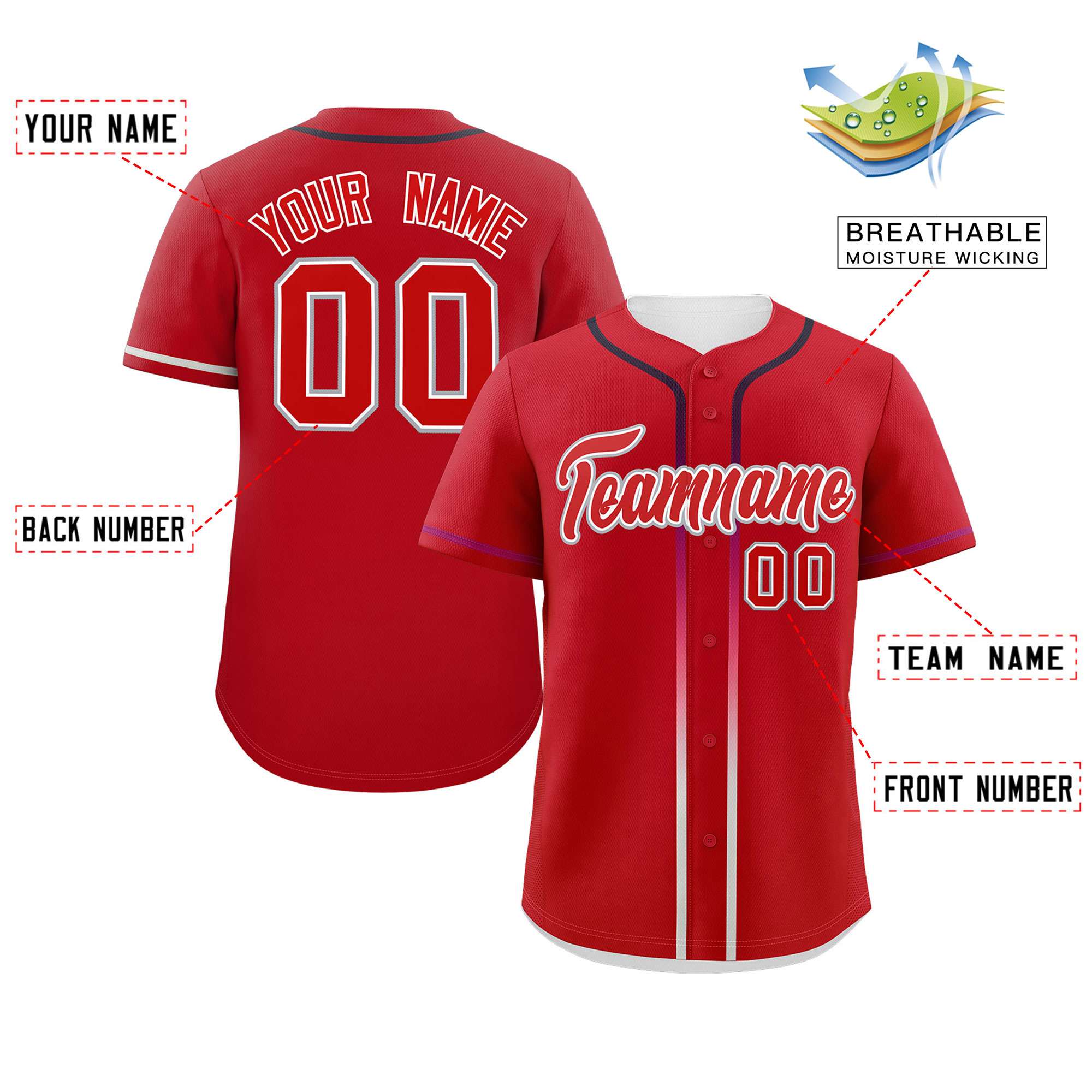 Custom Red Personalized Gradient Ribbed Design Authentic Baseball Jersey