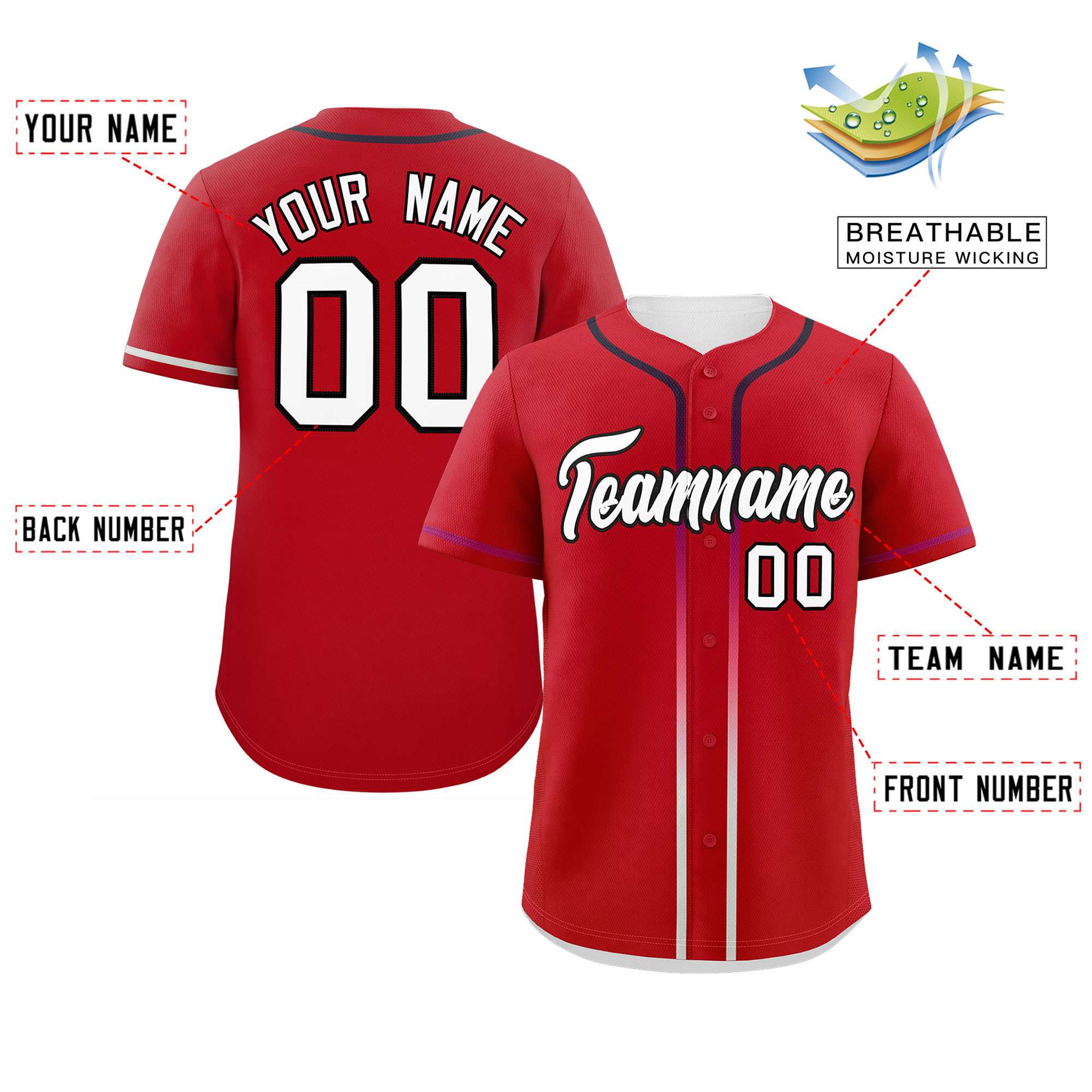 Custom Red White Personalized Gradient Ribbed Design Authentic Baseball Jersey