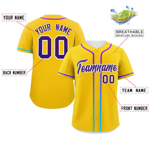 Custom Gold Purple Personalized Gradient Ribbed Design Authentic Baseball Jersey