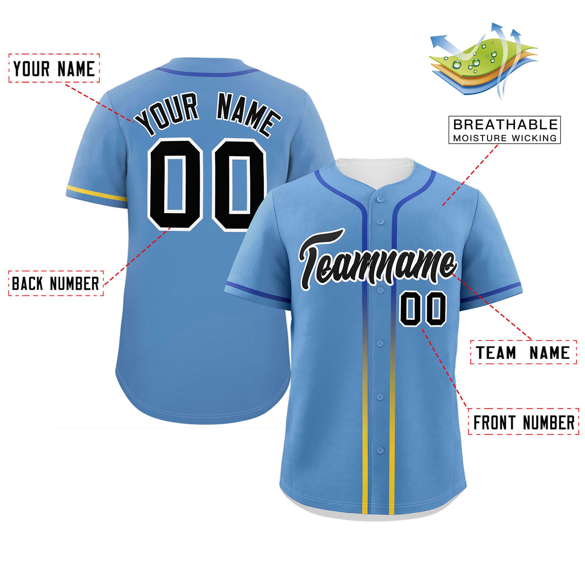 Custom Light Blue Black Personalized Gradient Ribbed Design Authentic Baseball Jersey