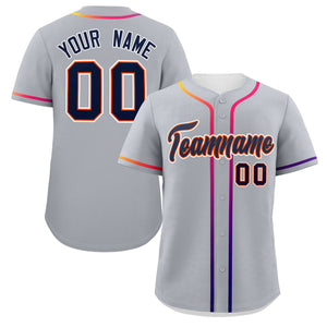 Custom Light Gray Navy Personalized Gradient Ribbed Design Authentic Baseball Jersey