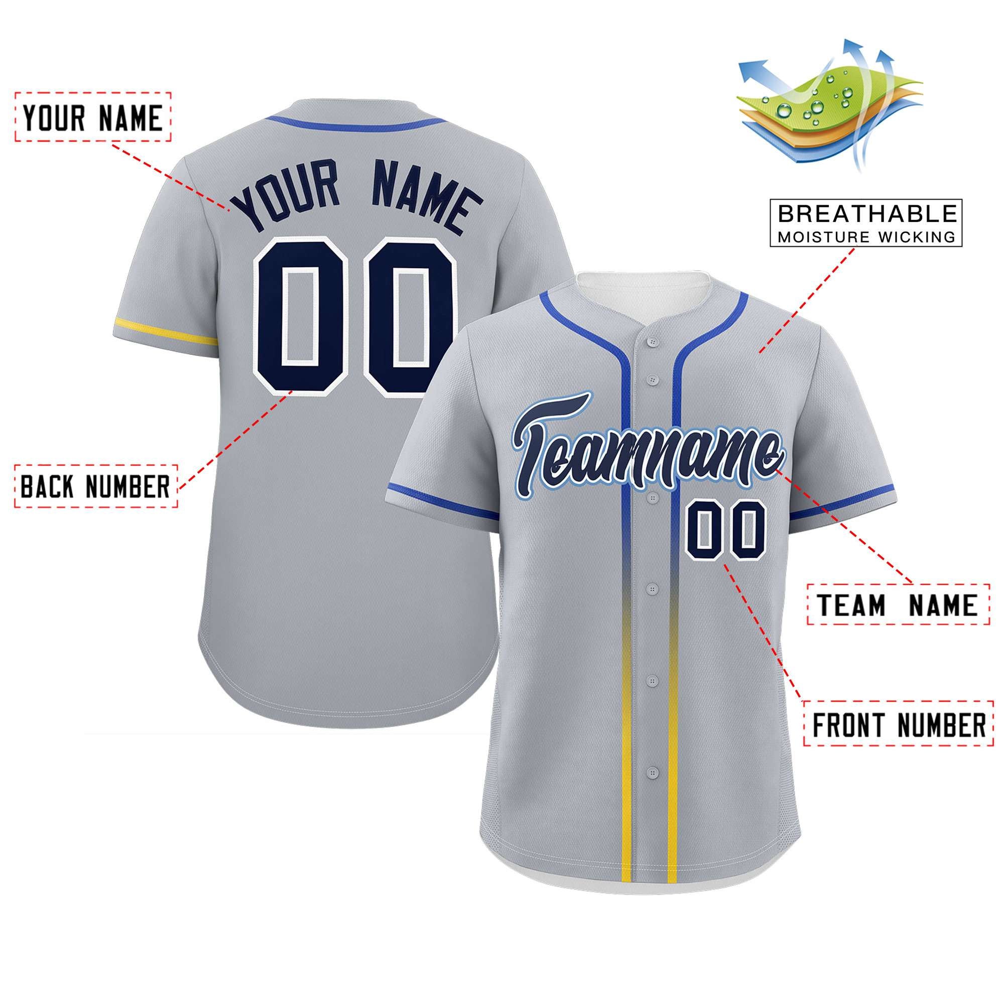 Custom Light Gray Navy Personalized Gradient Ribbed Design Authentic Baseball Jersey