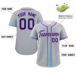 Custom Light Gray Purple Personalized Gradient Ribbed Design Authentic Baseball Jersey