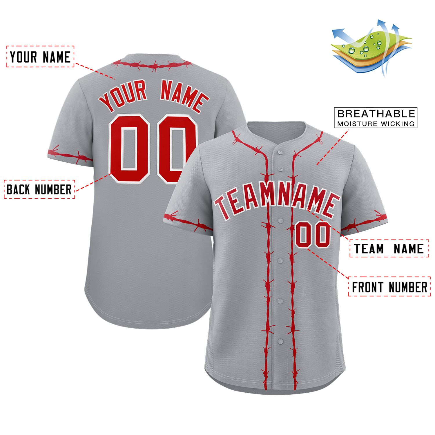 Custom Gray Red Thorns Ribbed Classic Style Authentic Baseball Jersey