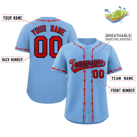 Custom Powder Blue Red Thorns Ribbed Classic Style Authentic Baseball Jersey
