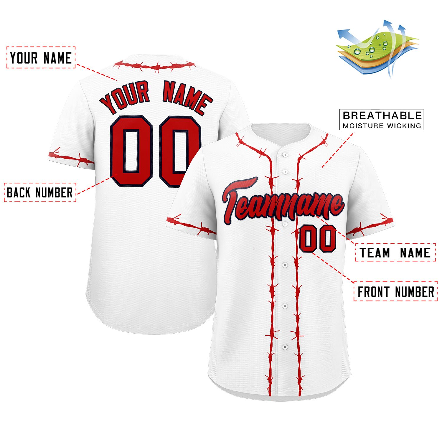 Custom White Red Thorns Ribbed Classic Style Authentic Baseball Jersey