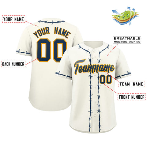 Custom Cream Navy Blue Thorns Ribbed Classic Style Authentic Baseball Jersey