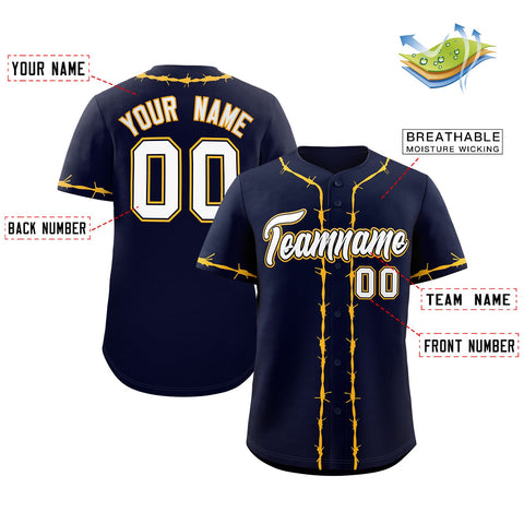 Custom Navy Gold Thorns Ribbed Classic Style Authentic Baseball Jersey