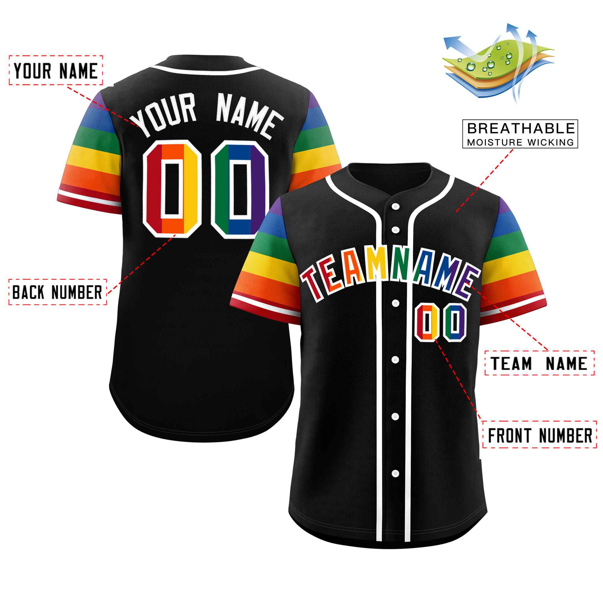 Custom Black LGBT Rainbow For Pride Month Raglan Sleeves Authentic Baseball Jersey