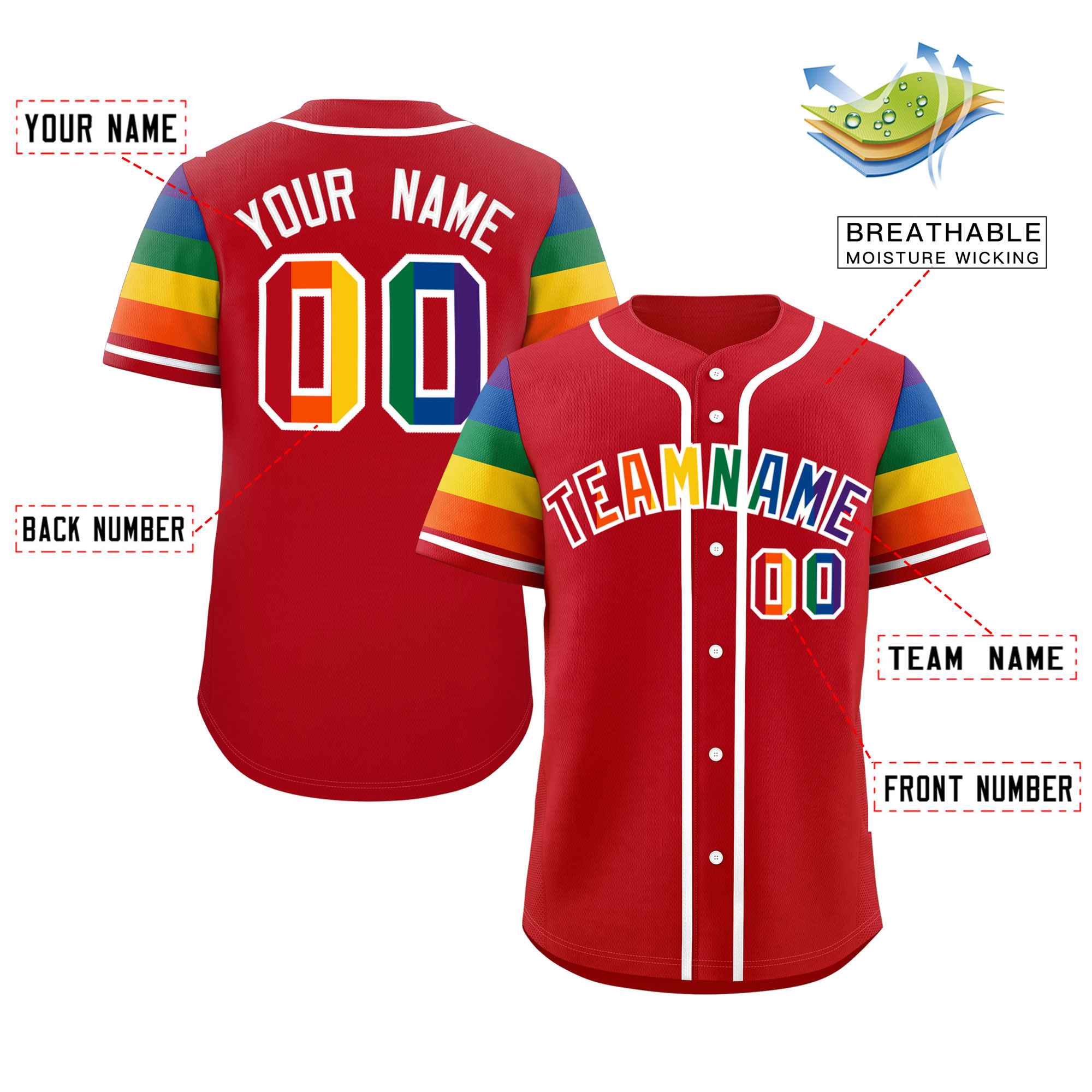 Custom Red LGBT Rainbow For Pride Month Raglan Sleeves Authentic Baseball Jersey