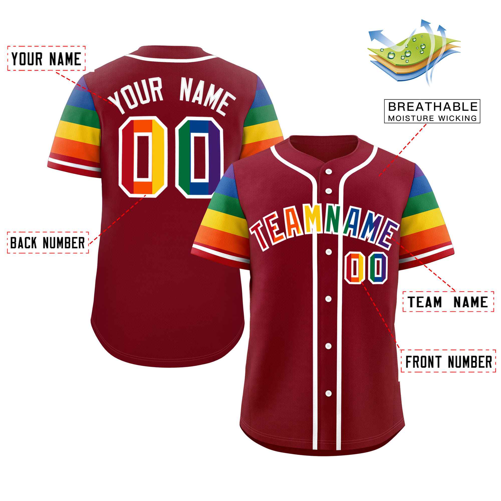 Custom Crimson LGBT Rainbow For Pride Month Raglan Sleeves Authentic Baseball Jersey