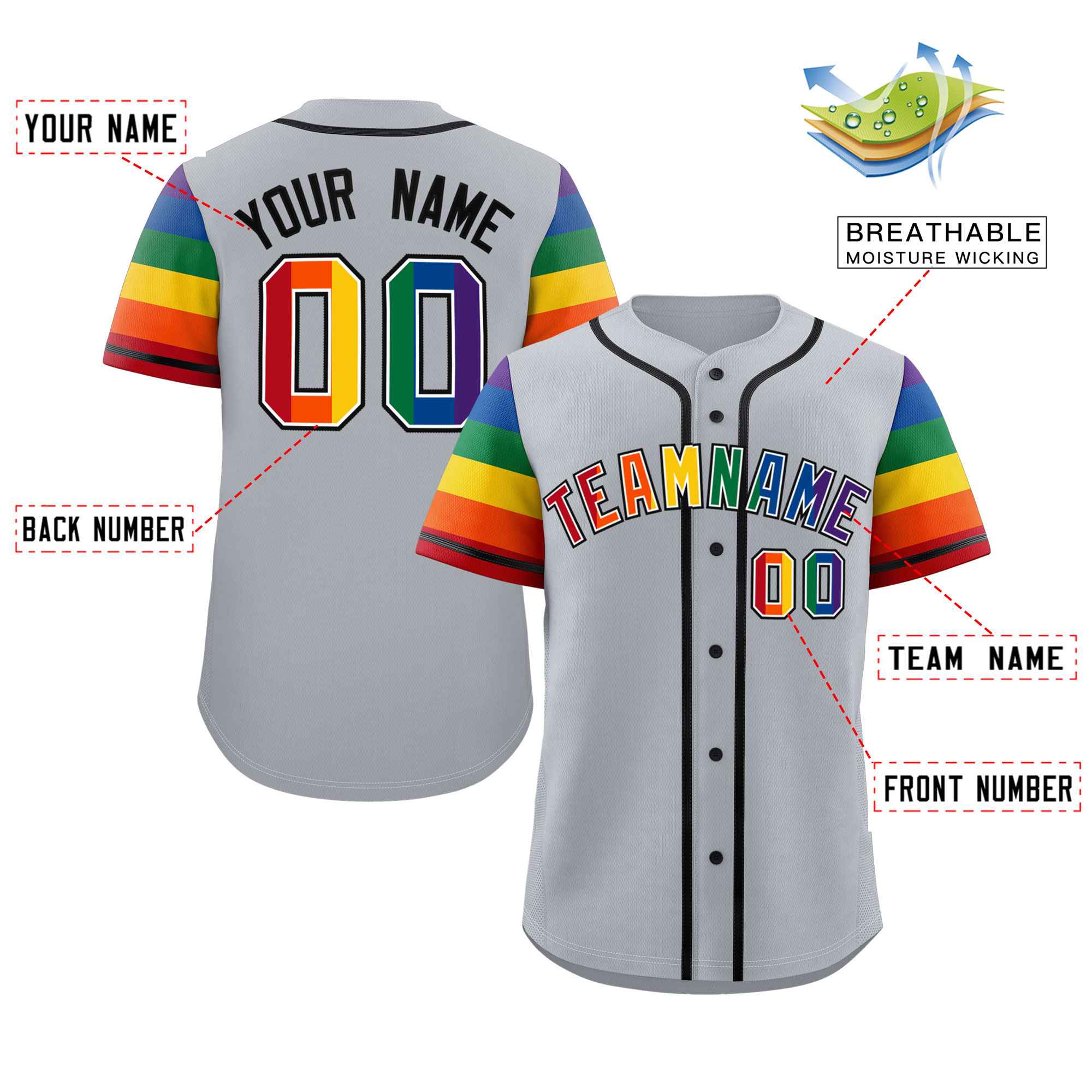 Custom Gray LGBT Rainbow For Pride Month Raglan Sleeves Authentic Baseball Jersey