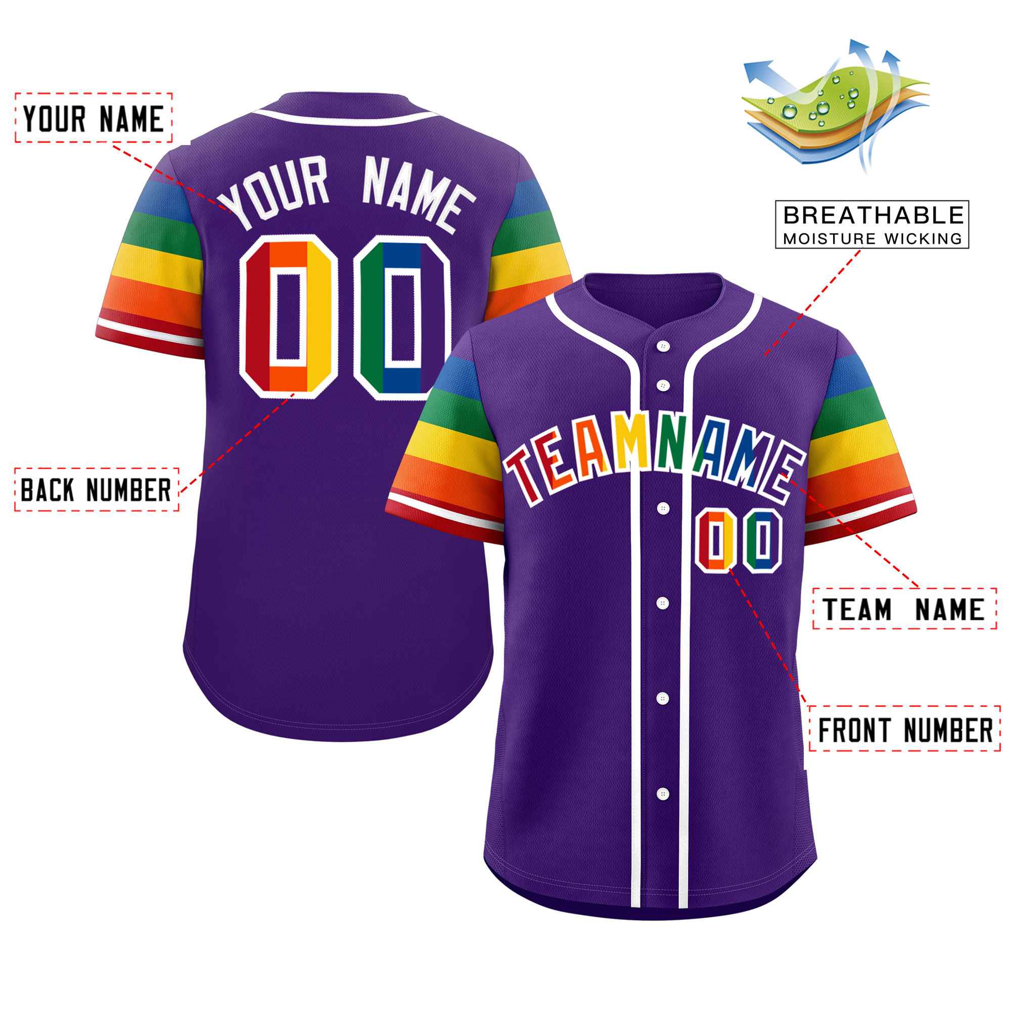 Custom Purple LGBT Rainbow For Pride Month Raglan Sleeves Authentic Baseball Jersey