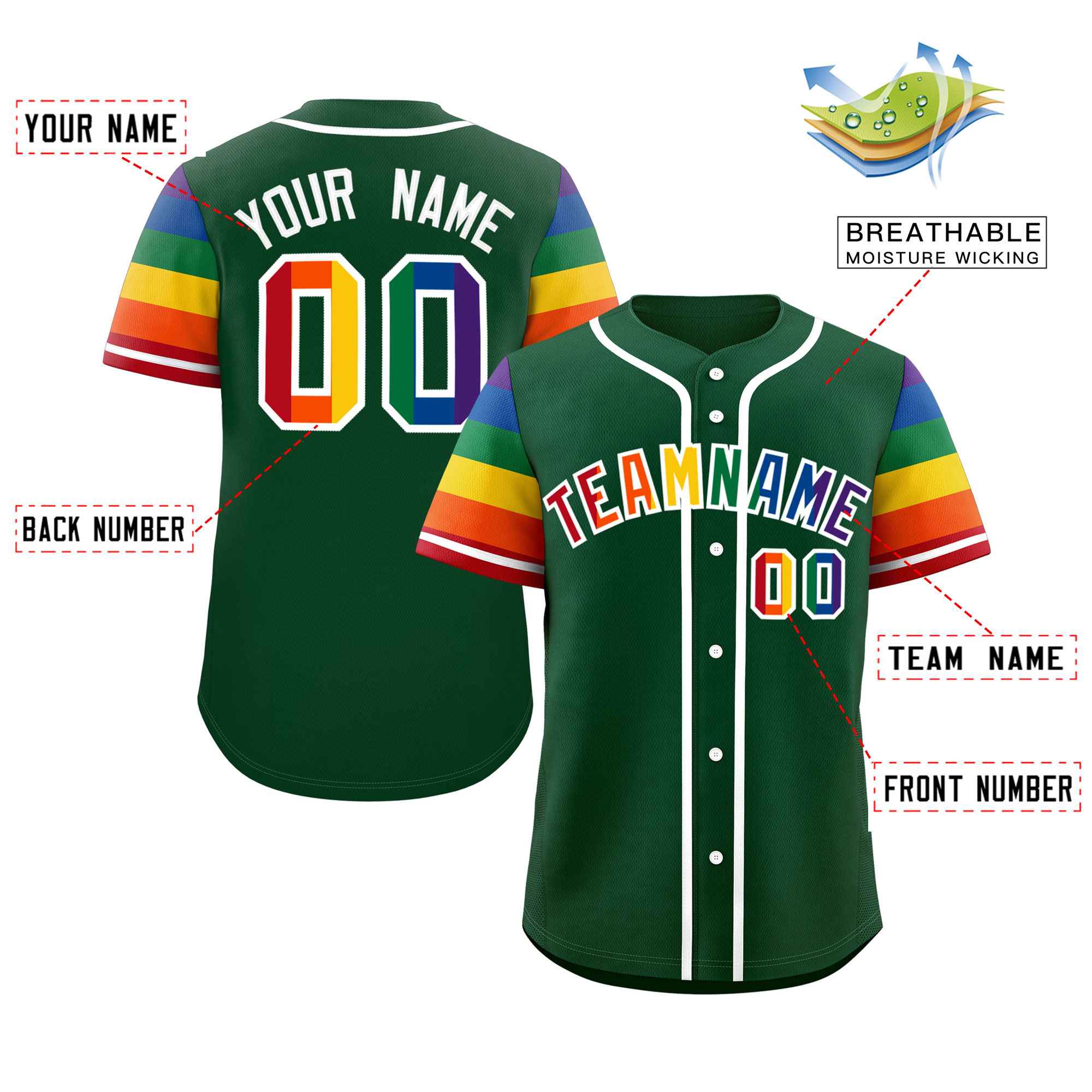 Custom Green LGBT Rainbow For Pride Month Raglan Sleeves Authentic Baseball Jersey