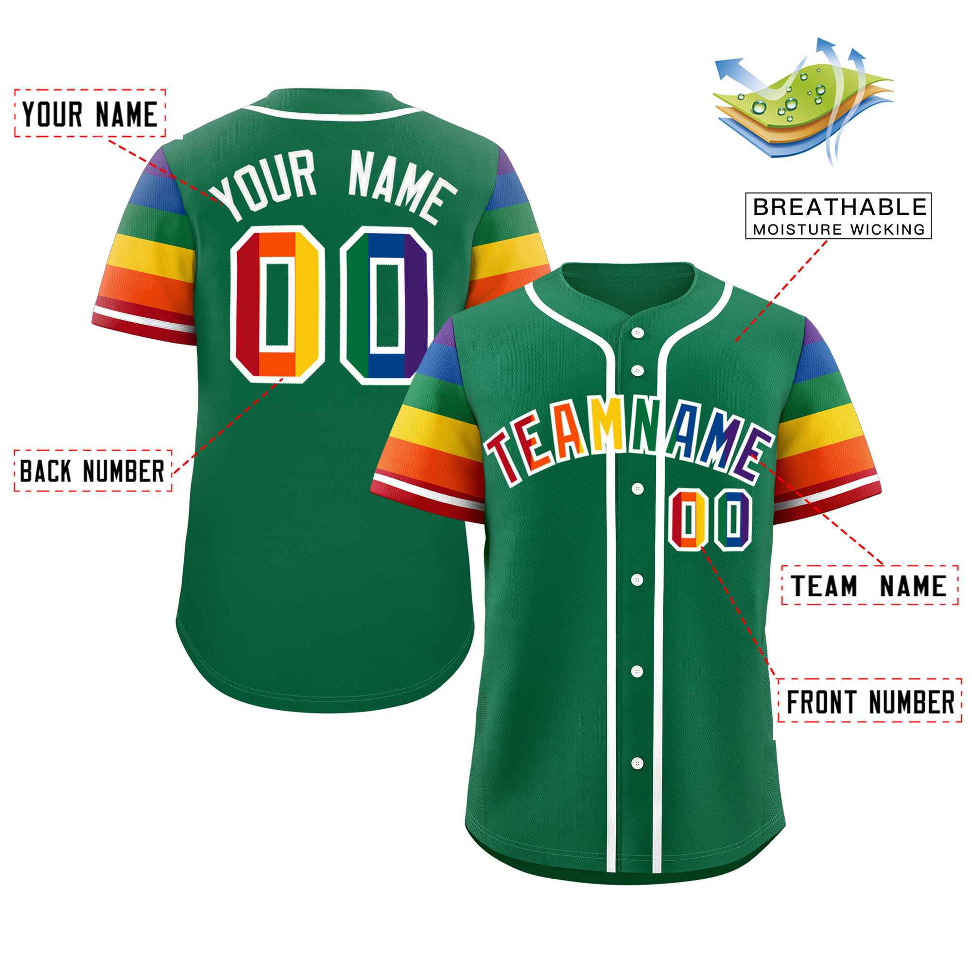 Custom Kelly Green LGBT Rainbow For Pride Month Raglan Sleeves Authentic Baseball Jersey