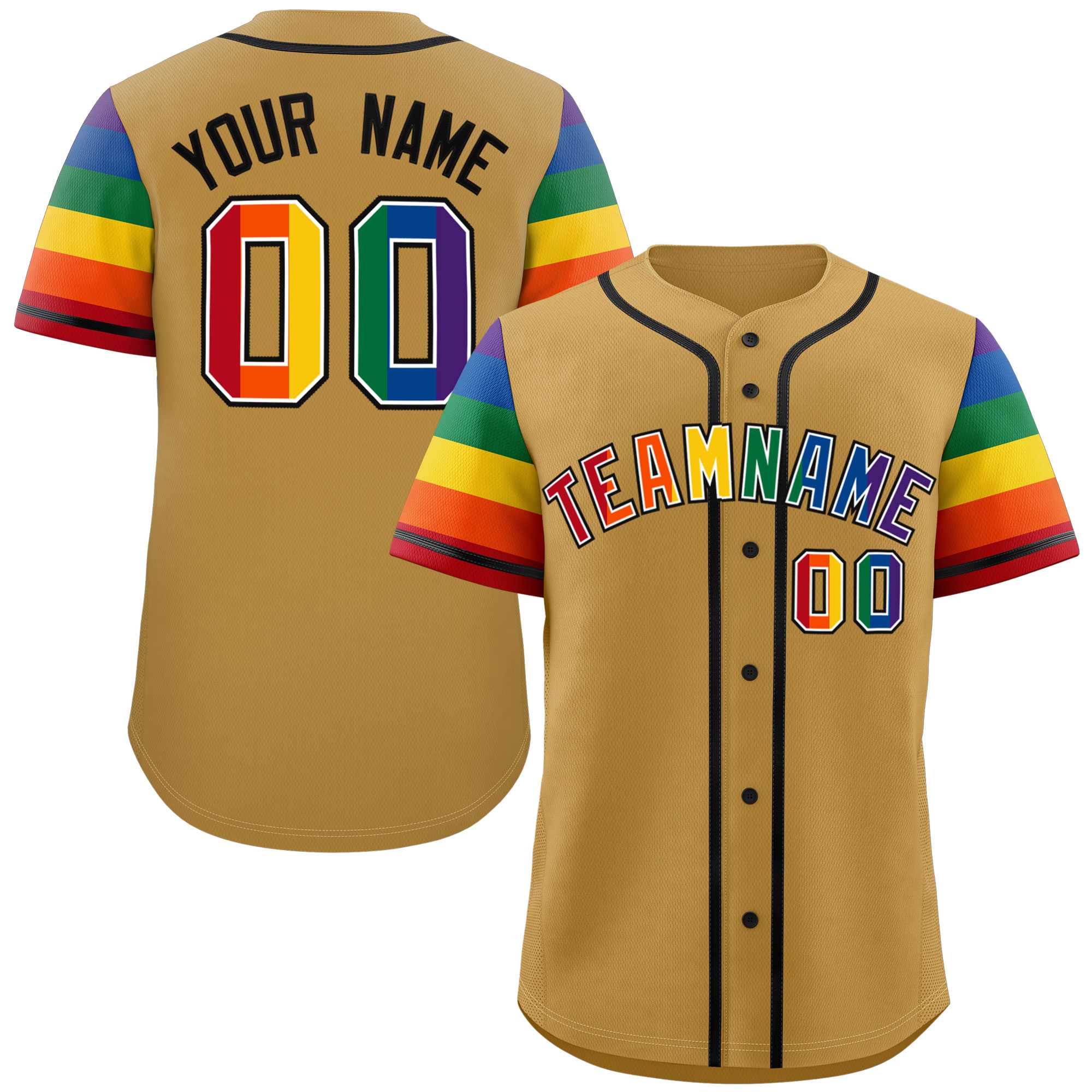 Custom Old Gold LGBT Rainbow For Pride Month Raglan Sleeves Authentic Baseball Jersey