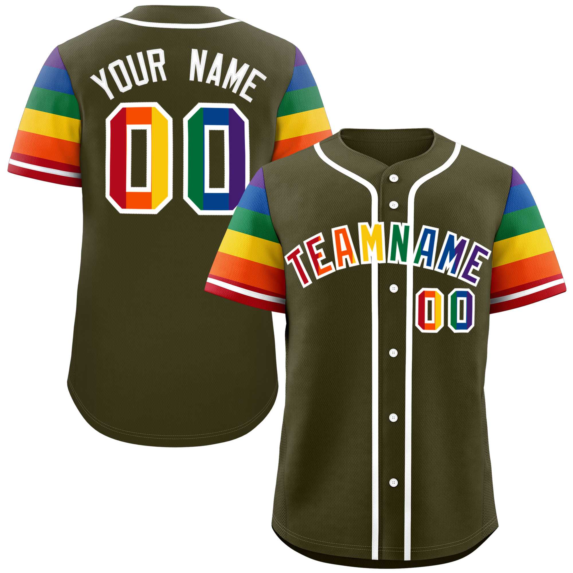 Custom Olive LGBT Rainbow For Pride Month Raglan Sleeves Authentic Baseball Jersey