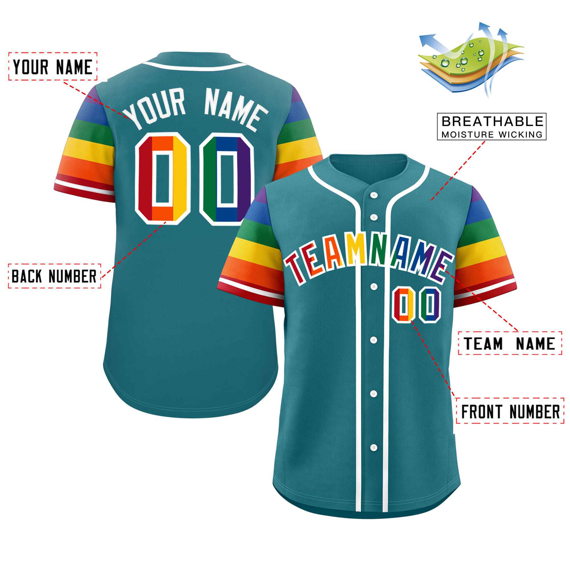 Custom Aqua LGBT Rainbow For Pride Month Raglan Sleeves Authentic Baseball Jersey