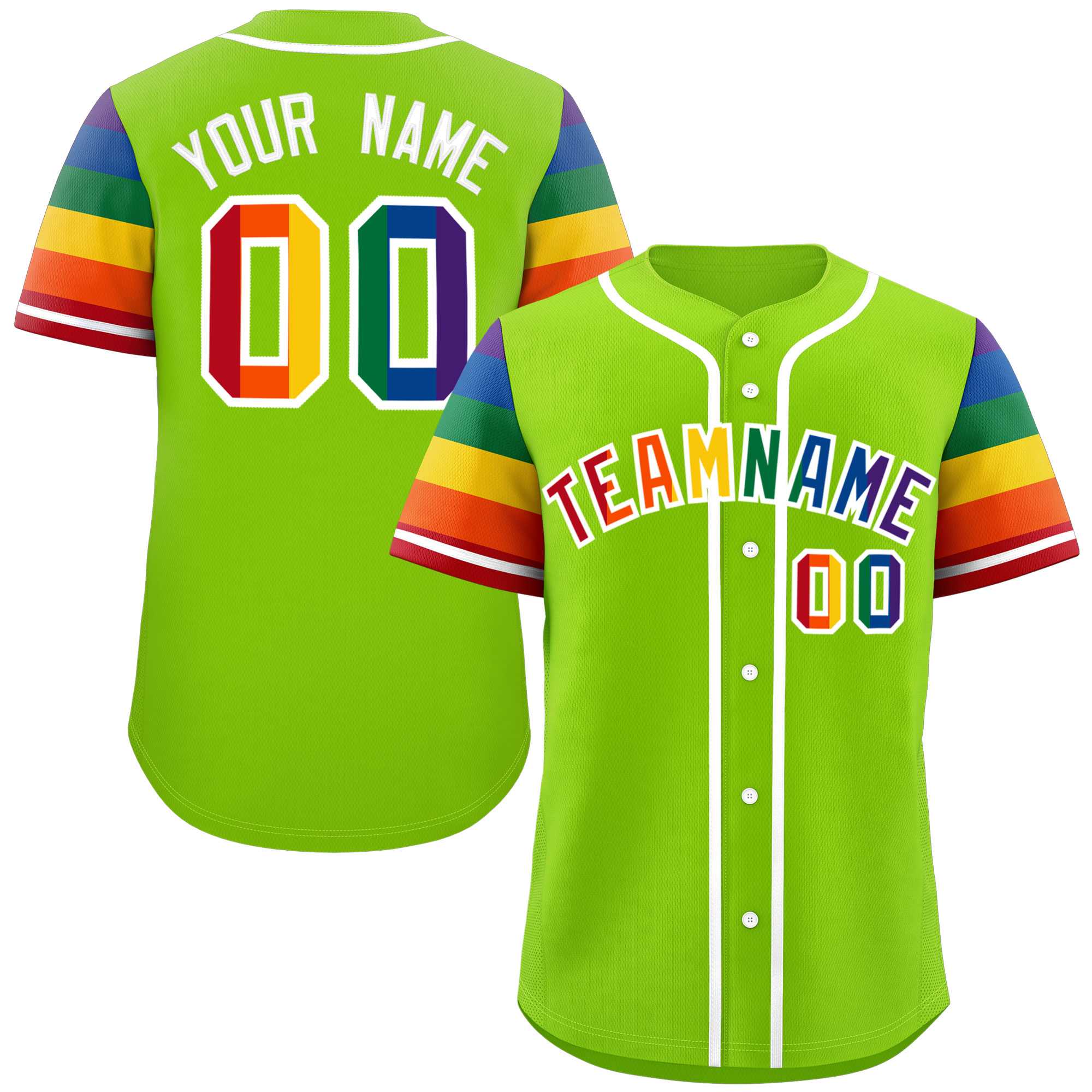 Custom Neon Green LGBT Rainbow For Pride Month Raglan Sleeves Authentic Baseball Jersey