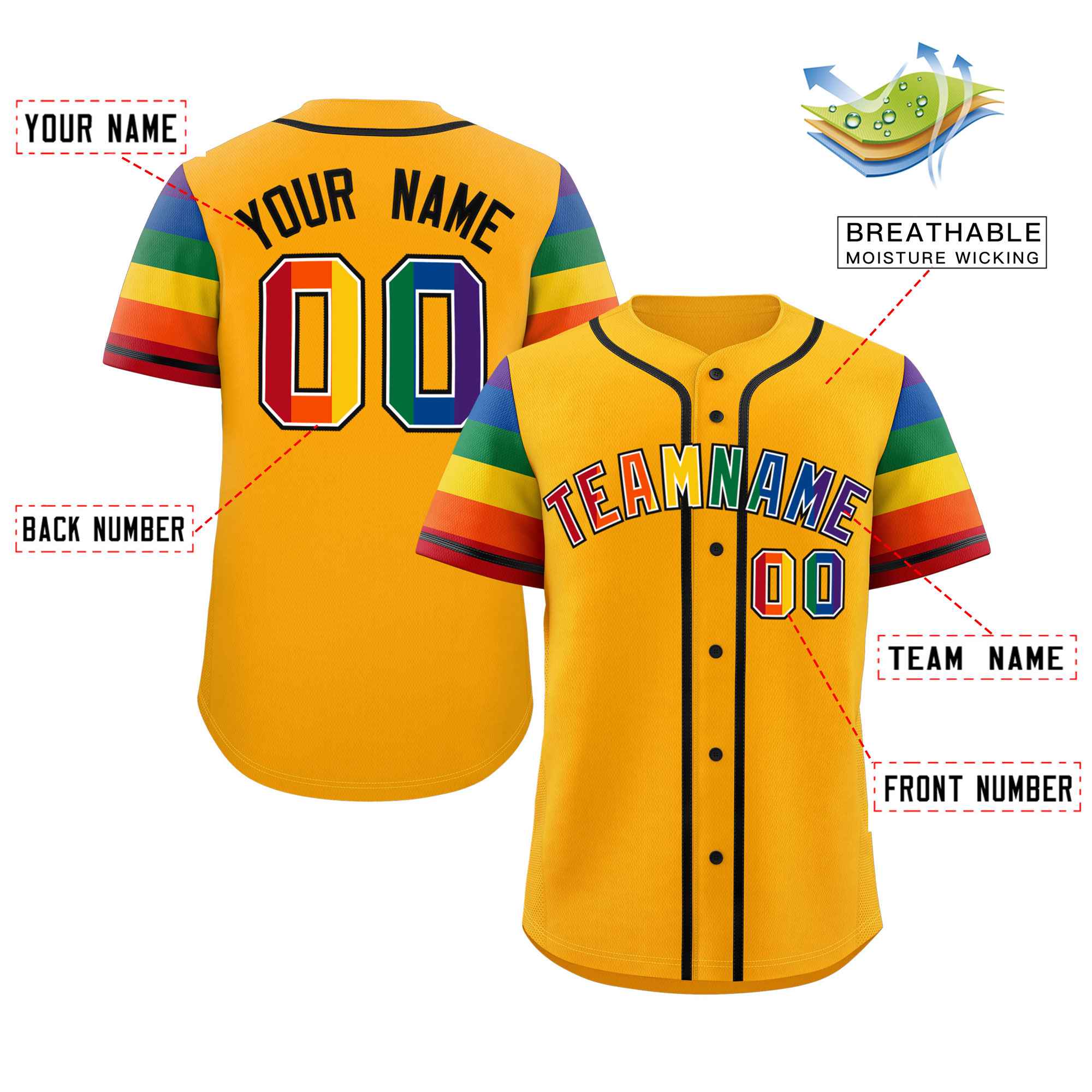 Custom Yellow LGBT Rainbow For Pride Month Raglan Sleeves Authentic Baseball Jersey