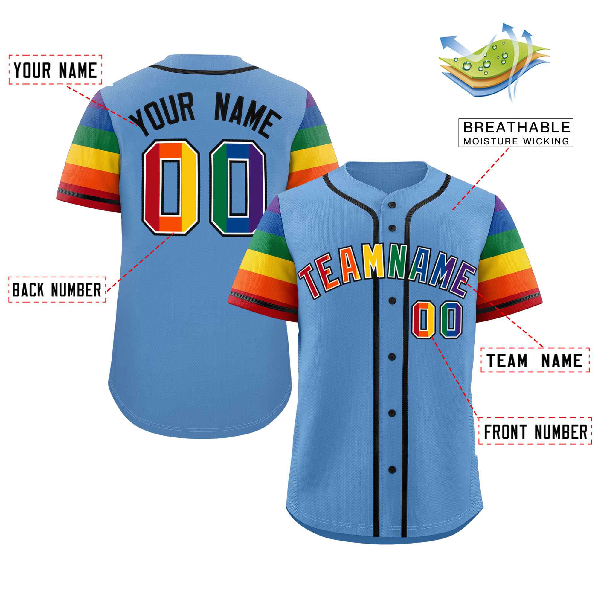 Custom Light Blue LGBT Rainbow For Pride Month Raglan Sleeves Authentic Baseball Jersey