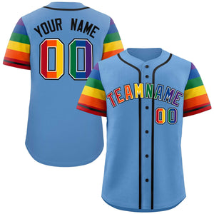 Custom Light Blue LGBT Rainbow For Pride Month Raglan Sleeves Authentic Baseball Jersey