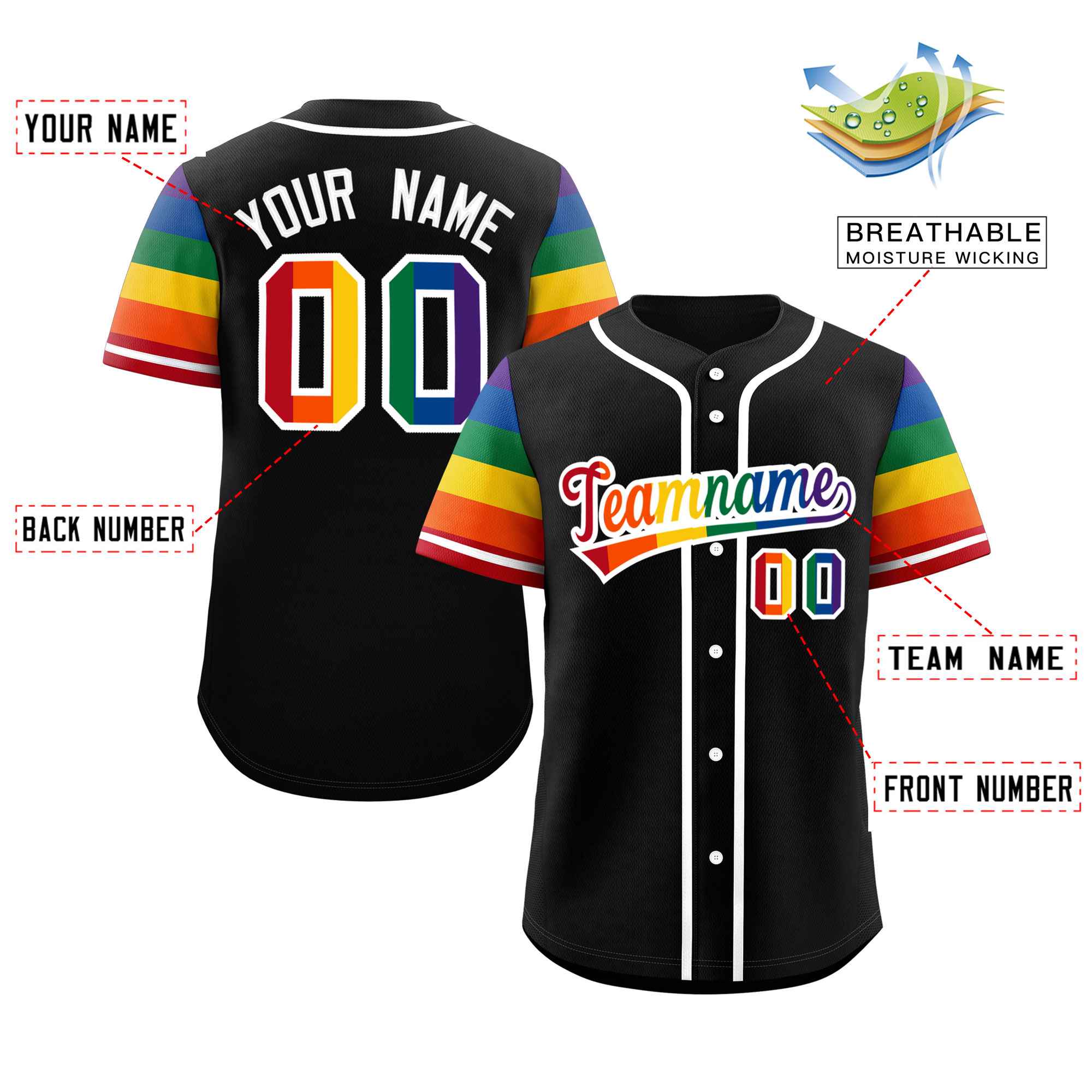 Custom Black LGBT Rainbow For Pride Month Raglan Sleeves Authentic Baseball Jersey