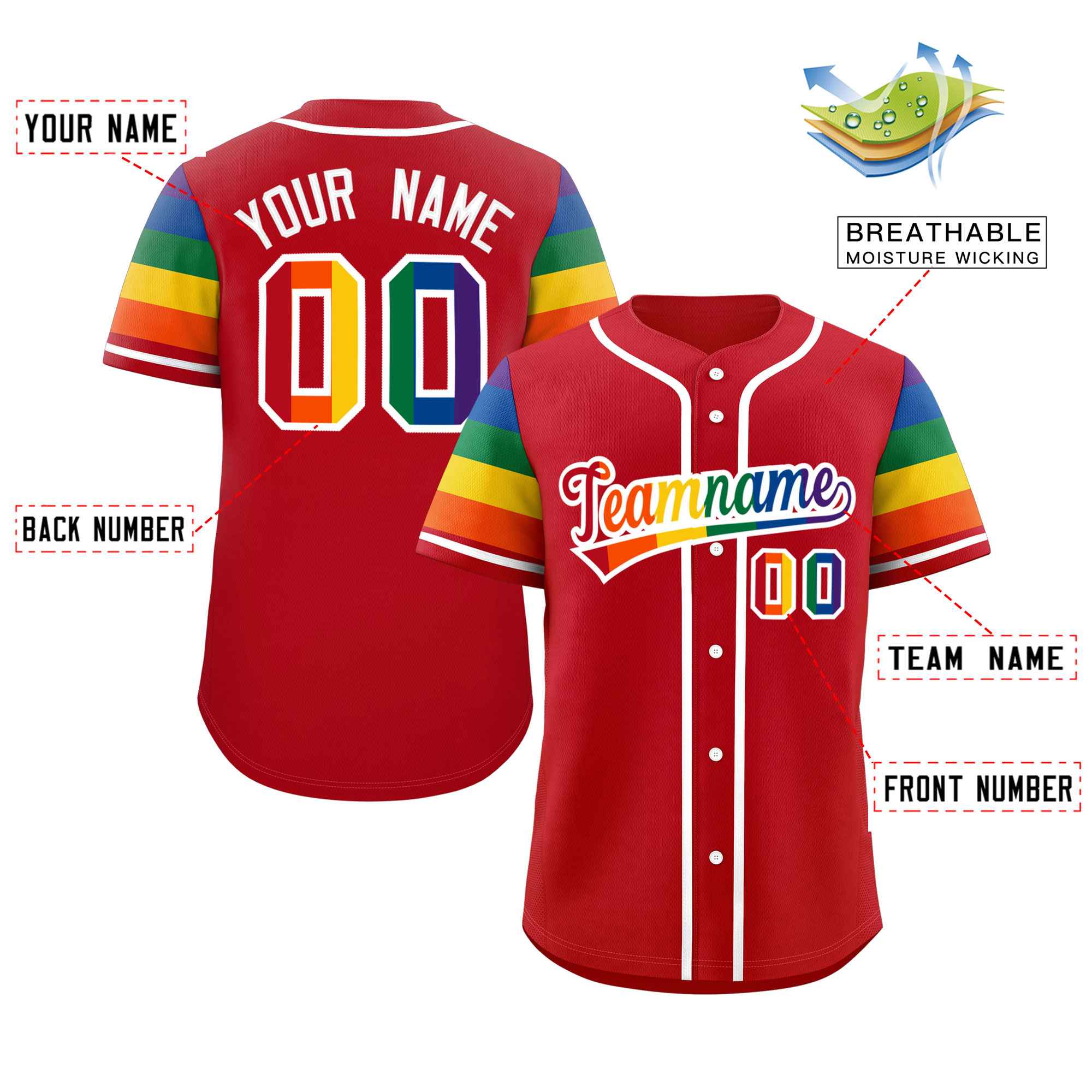 Custom Red LGBT Rainbow For Pride Month Raglan Sleeves Authentic Baseball Jersey