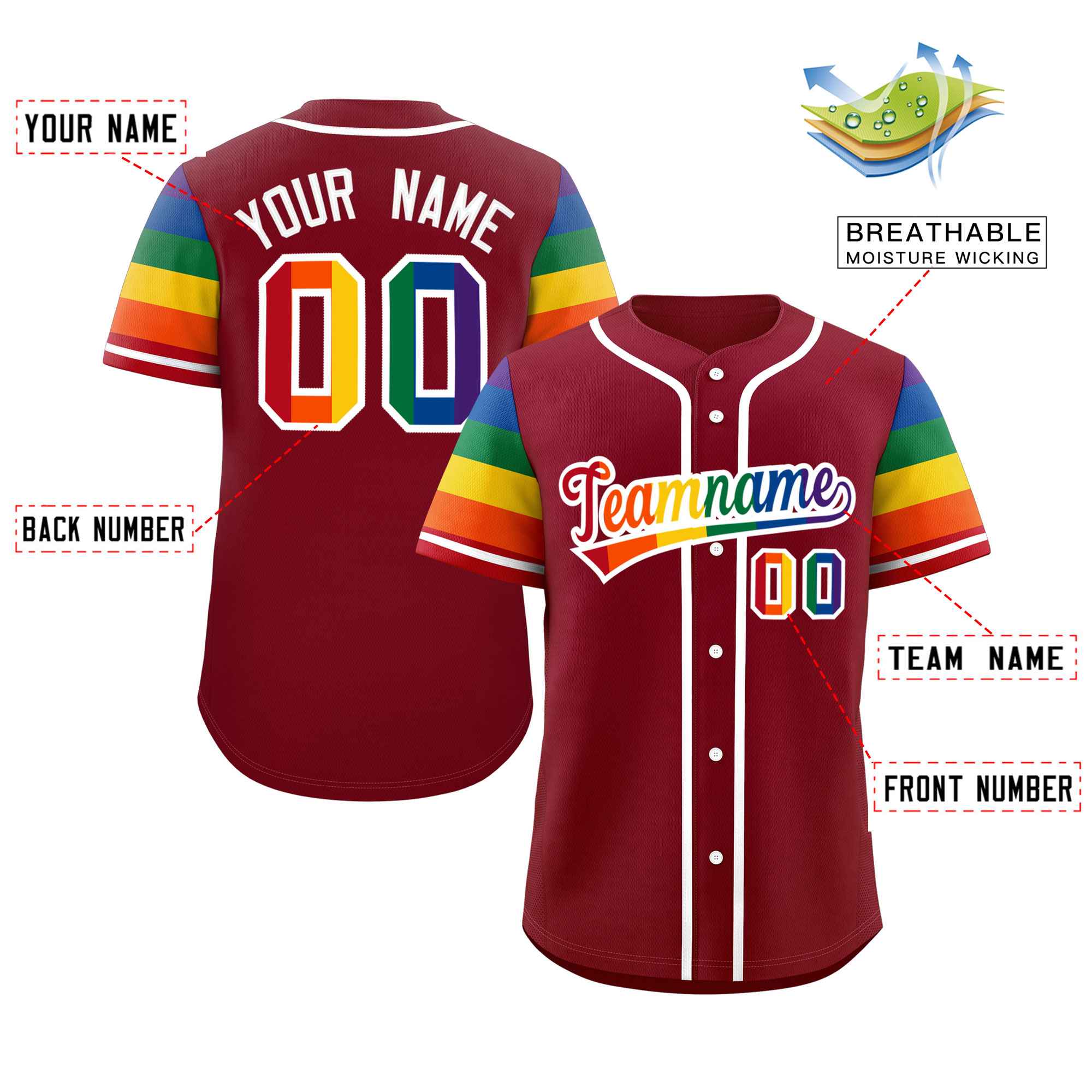 Custom Crimson LGBT Rainbow For Pride Month Raglan Sleeves Authentic Baseball Jersey