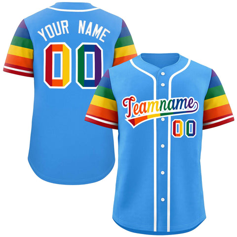Custom Powder Blue LGBT Rainbow For Pride Month Raglan Sleeve Authentic Baseball Jersey