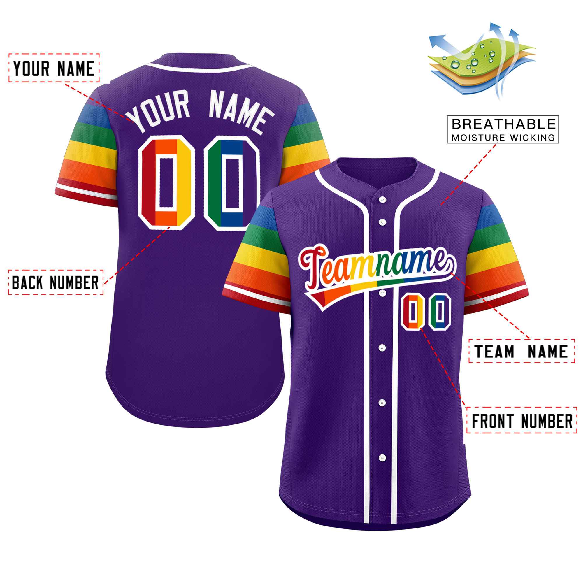 Custom Purple LGBT Rainbow For Pride Month Raglan Sleeves Authentic Baseball Jersey