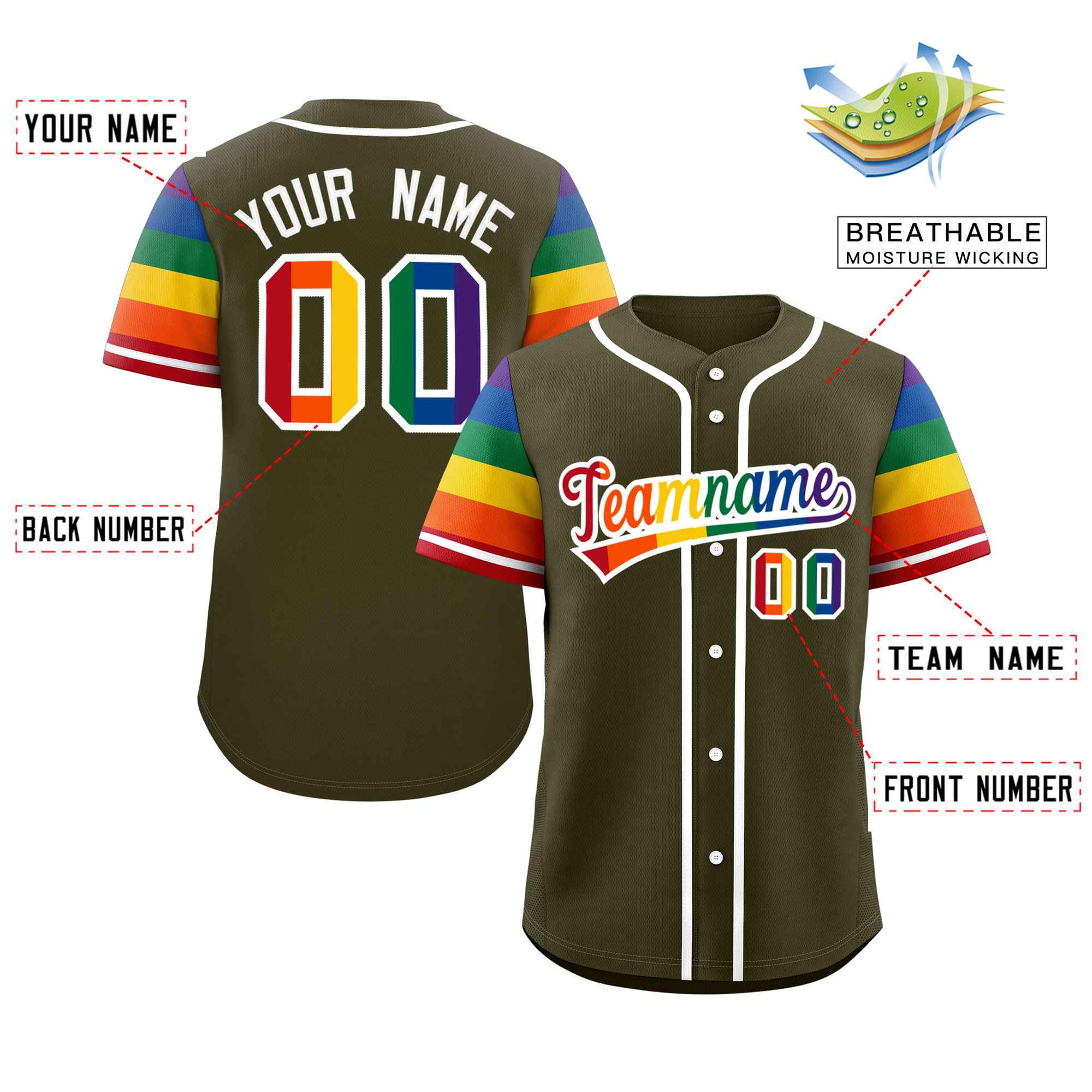 Custom Olive LGBT Rainbow For Pride Month Raglan Sleeves Authentic Baseball Jersey