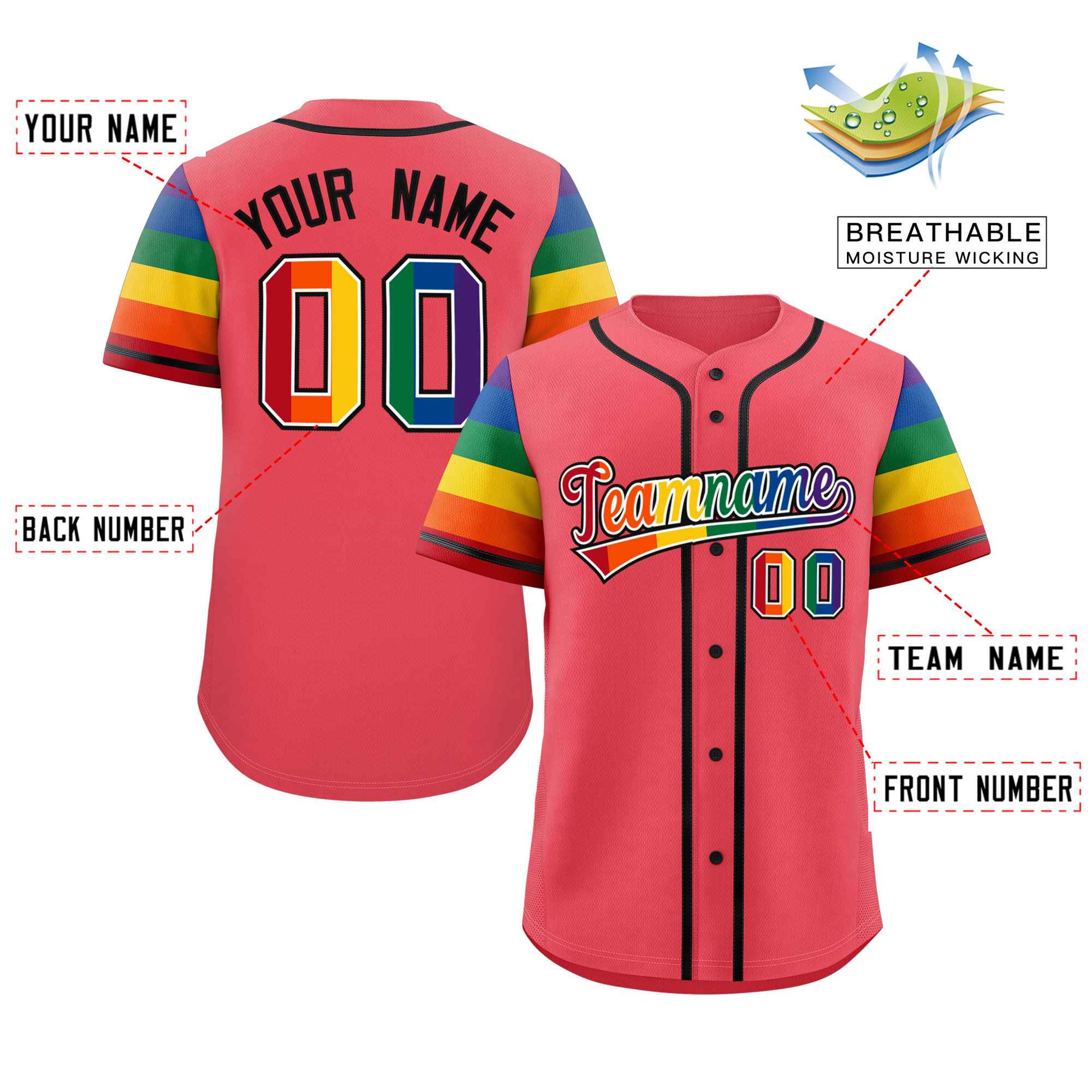 Custom Light Red LGBT Rainbow For Pride Month Raglan Sleeves Authentic Baseball Jersey