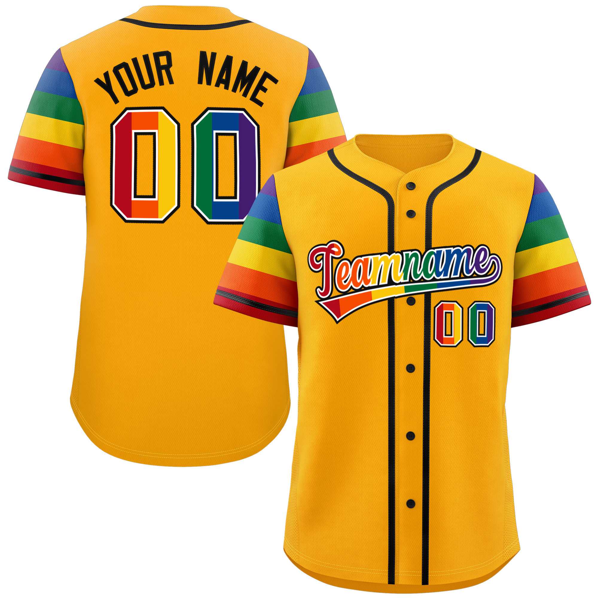 Custom Yellow LGBT Rainbow For Pride Month Raglan Sleeves Authentic Baseball Jersey