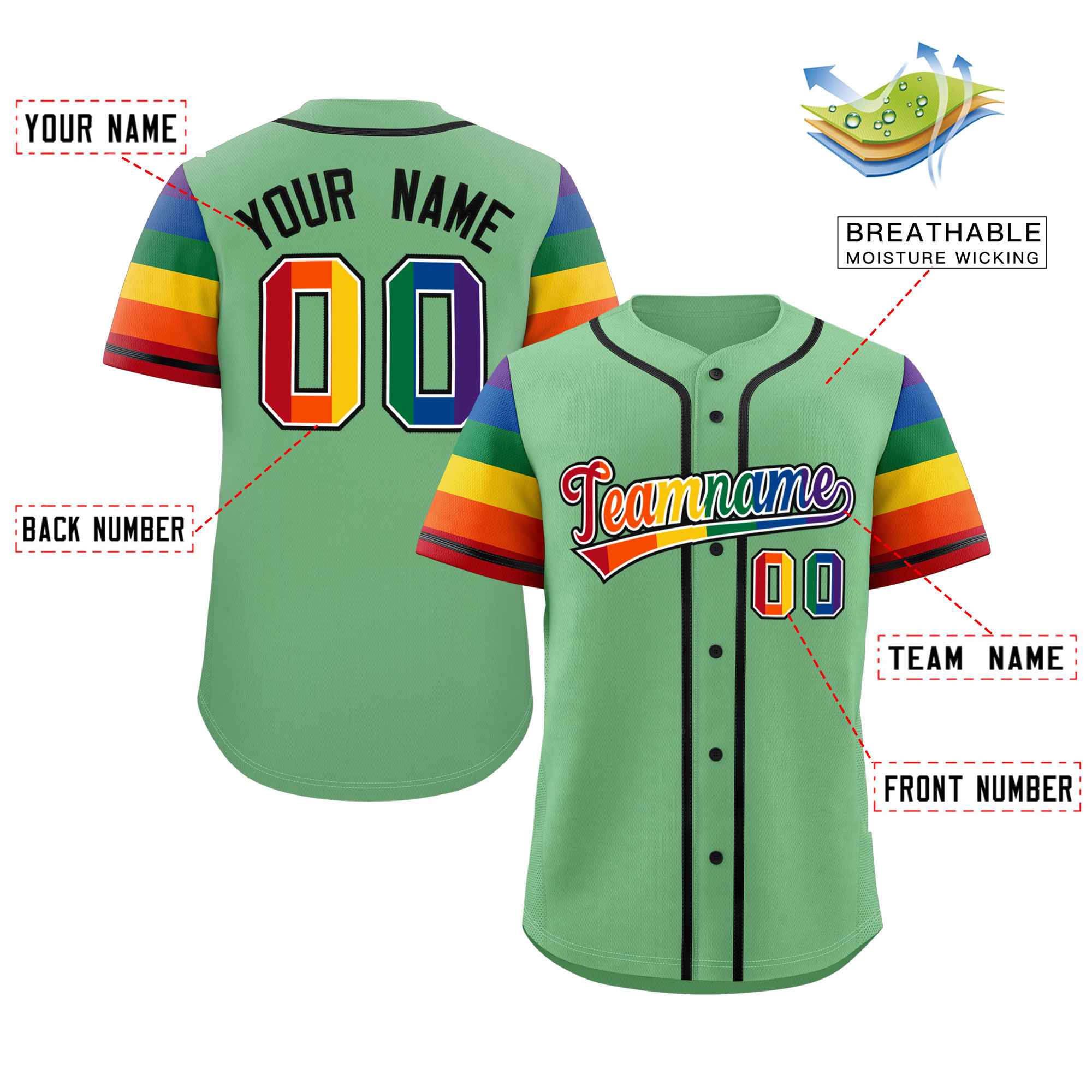 Custom Green LGBT Rainbow For Pride Month Raglan Sleeves Authentic Baseball Jersey