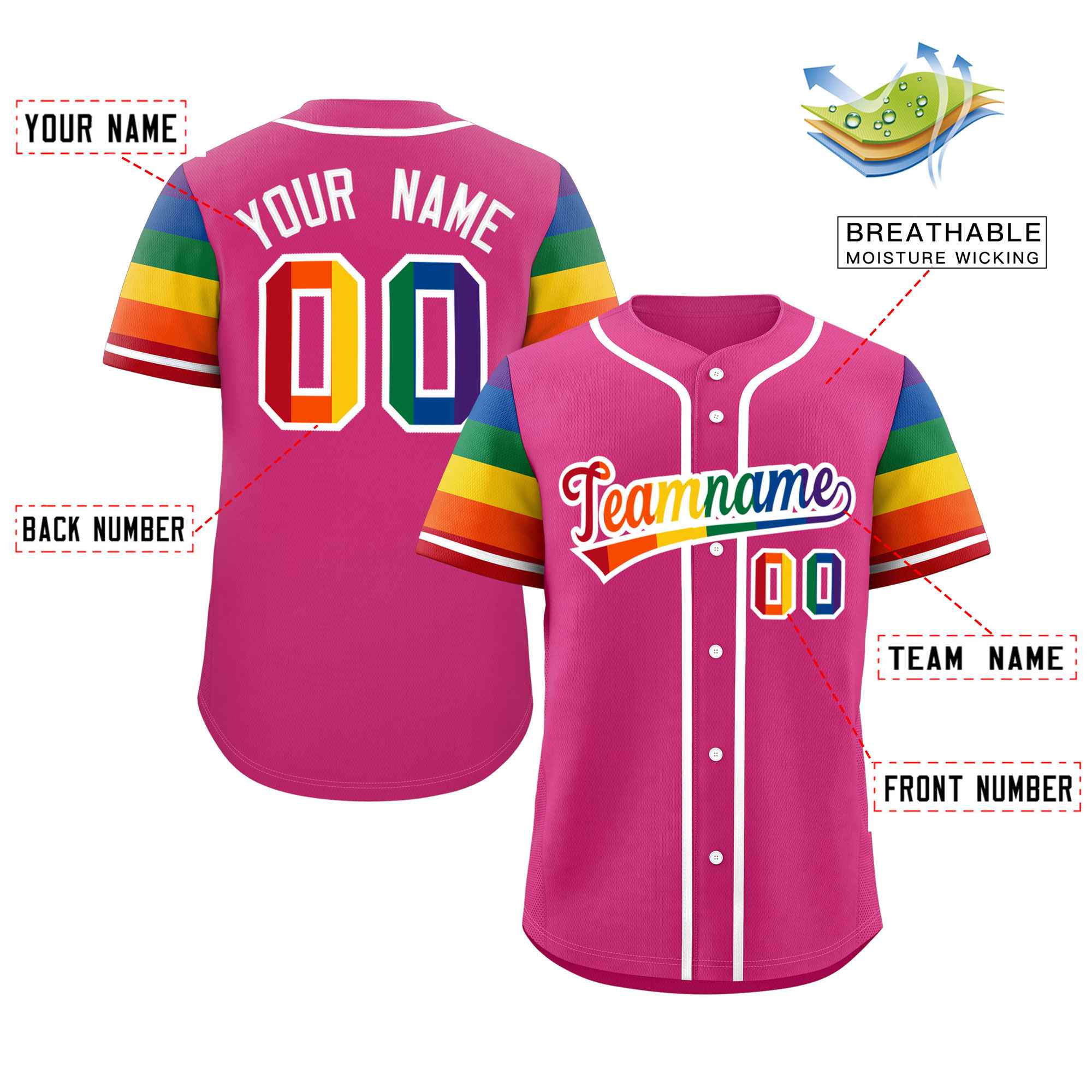 Custom Pink LGBT Rainbow For Pride Month Raglan Sleeves Authentic Baseball Jersey