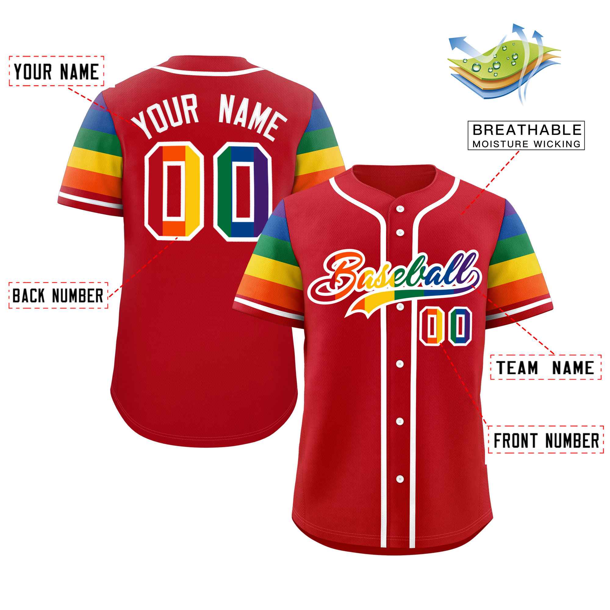 Custom Red LGBT Rainbow For Pride Month Raglan Sleeves Authentic Baseball Jersey